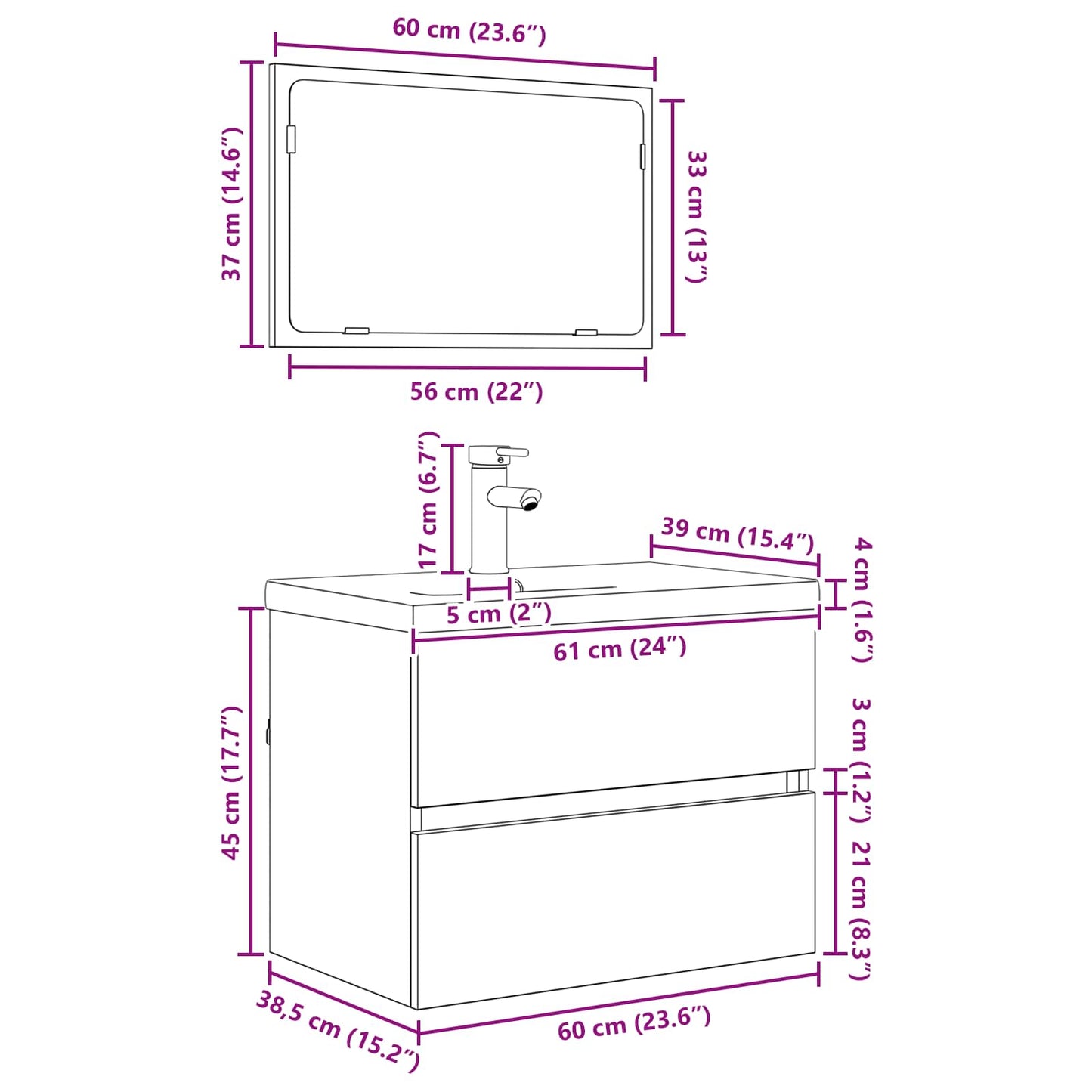 Badezimmermöbel-Set 3 stk. Schwarz Eichen-Optik 61 x 39 x 45 cm