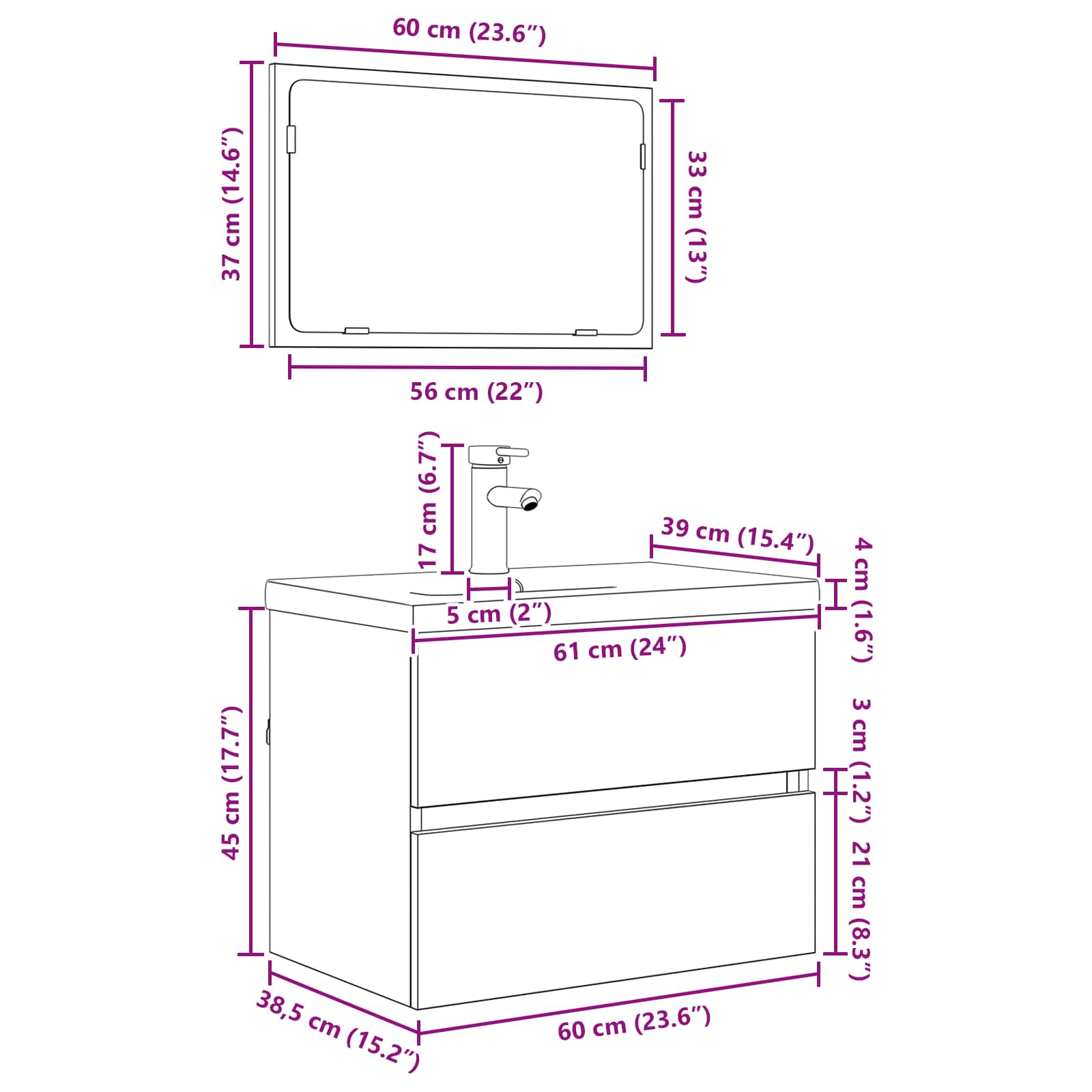 Badezimmermöbel-Set 3 stk. Schwarz Eichen-Optik 61 x 39 x 45 cm