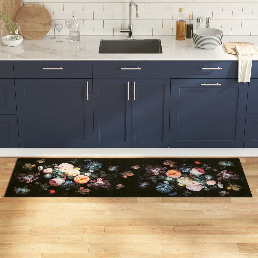Küchen Teppich Floral Schwarz 180 x 60 cm Samt