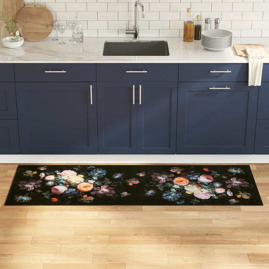 Küchen Teppich Floral Schwarz 180 x 60 cm Samt