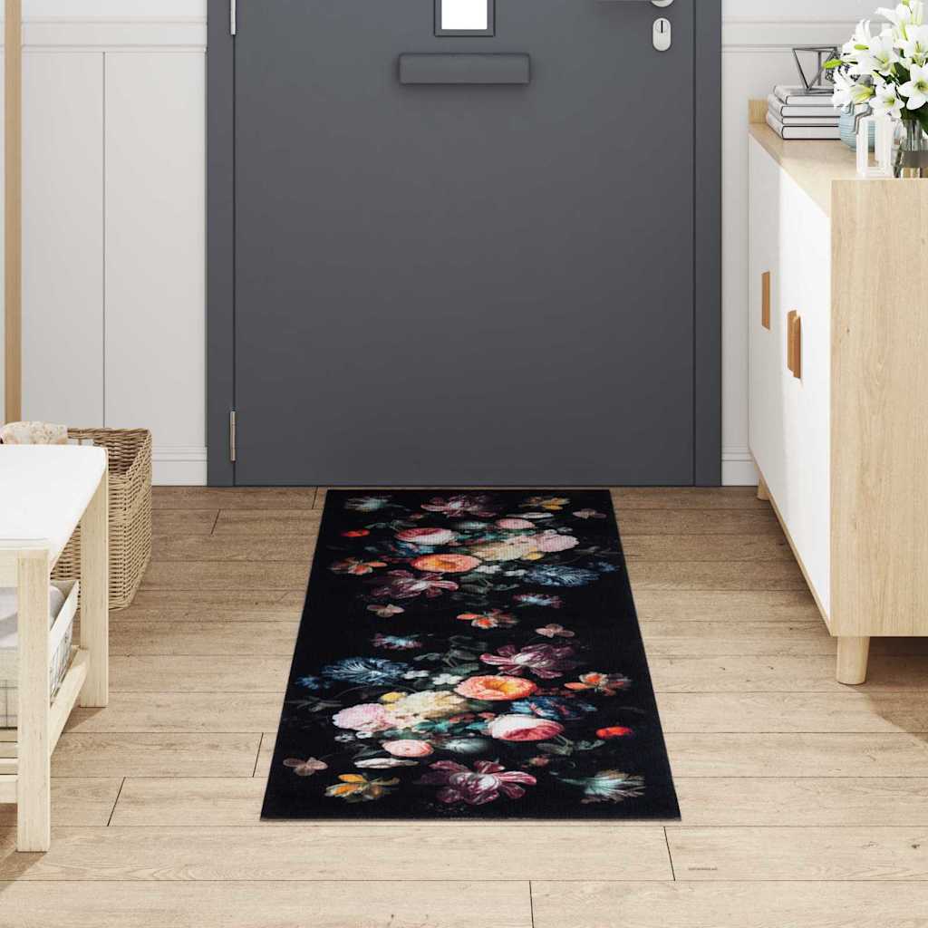 Küchen Teppich Floral Schwarz 180 x 60 cm Samt
