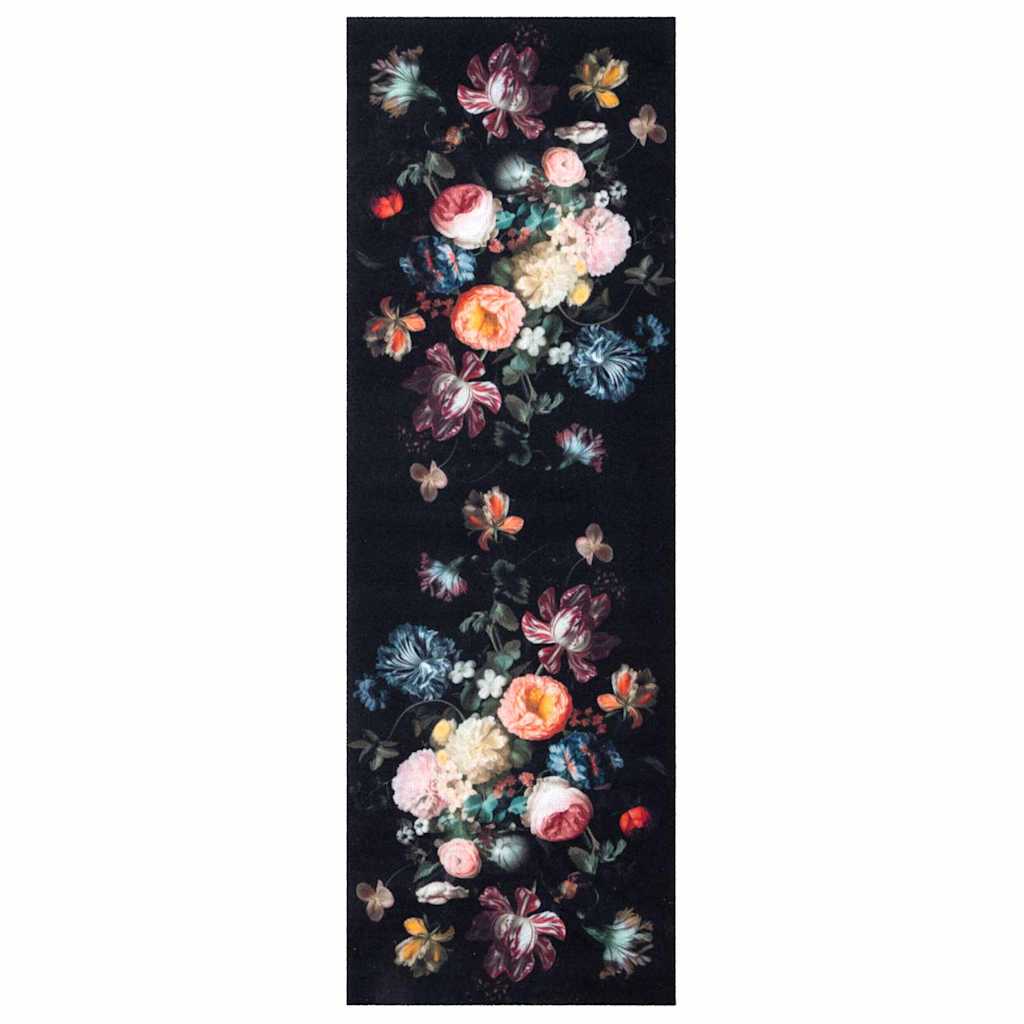 Küchen Teppich Floral Schwarz 180 x 60 cm Samt