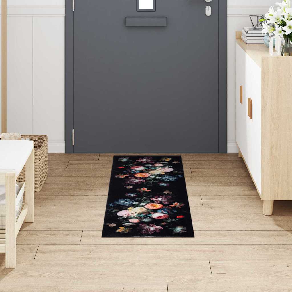 Küchen Teppich Floral Schwarz 150 x 45 cm Samt