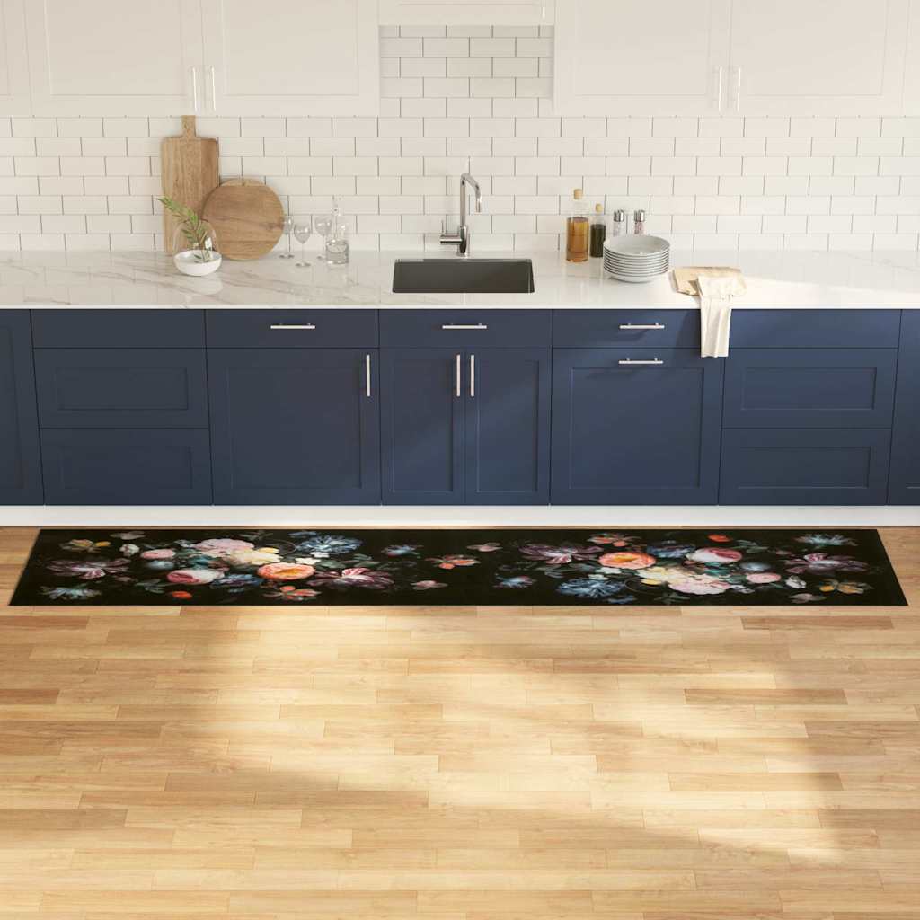 Küchen Teppich Floral Schwarz 300 x 60 cm Samt