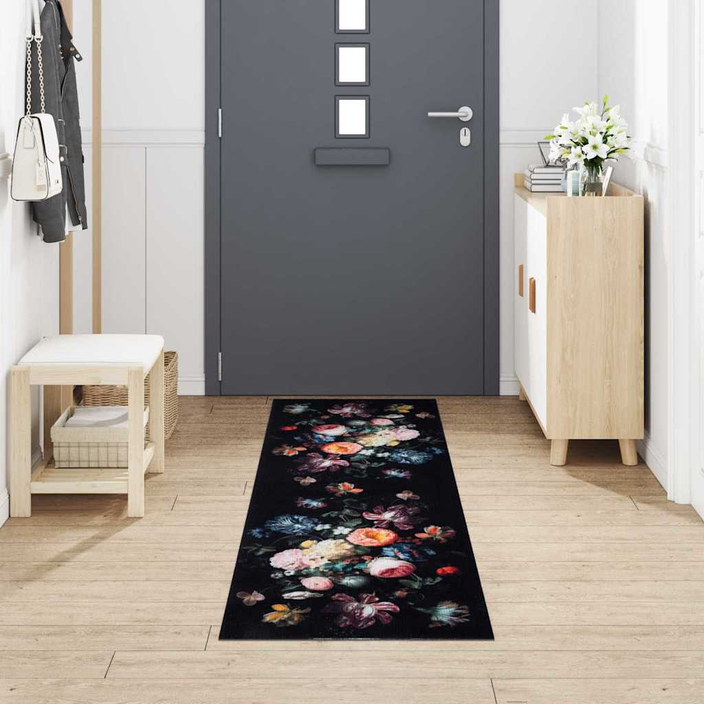 Küchen Teppich Floral Schwarz 300 x 60 cm Samt