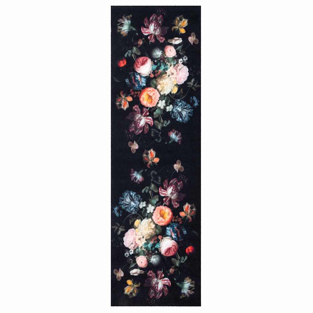 Küchen Teppich Floral Schwarz 300 x 60 cm Samt