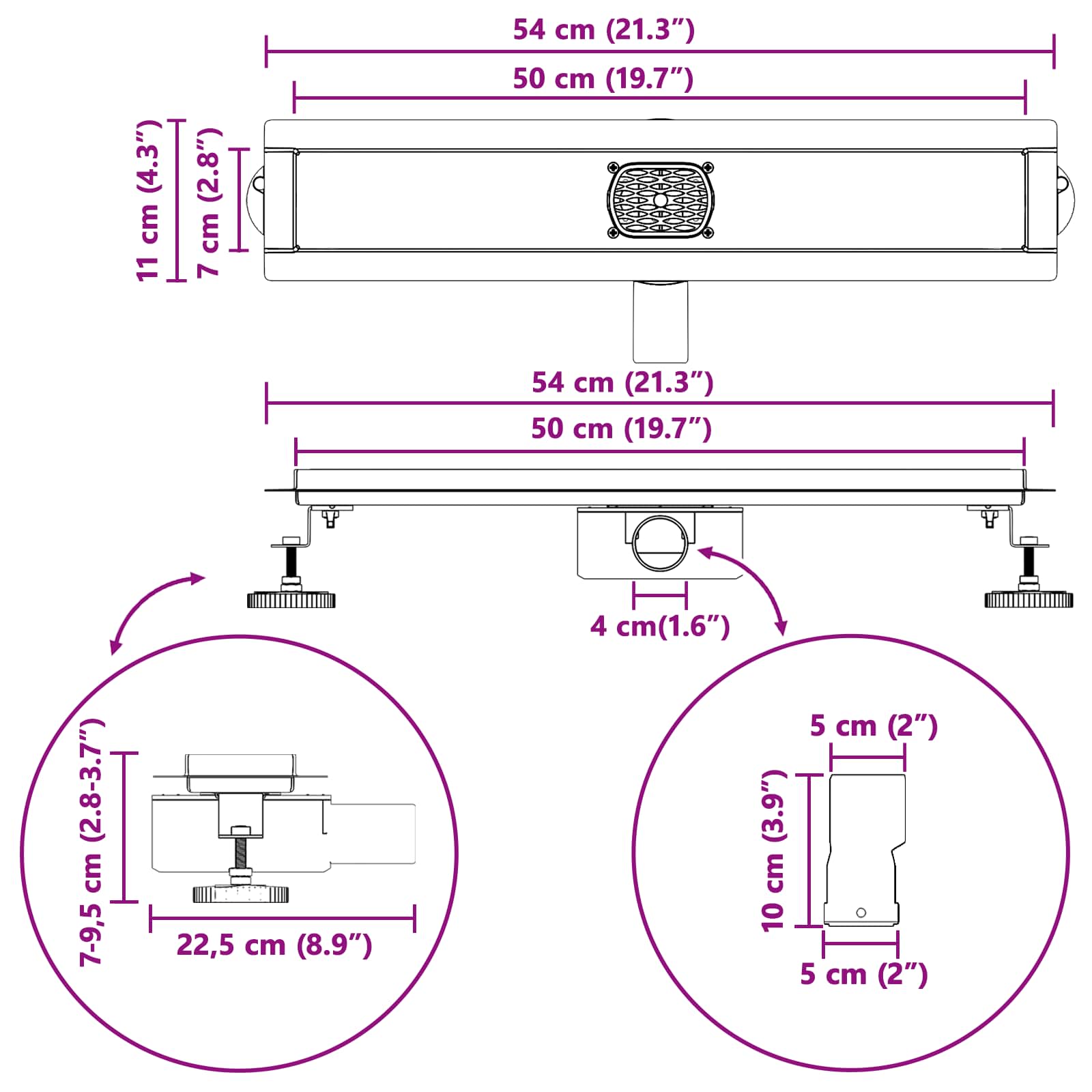 Duschabfluss im Liniendesign mit 360° Siphon Silber 50 cm