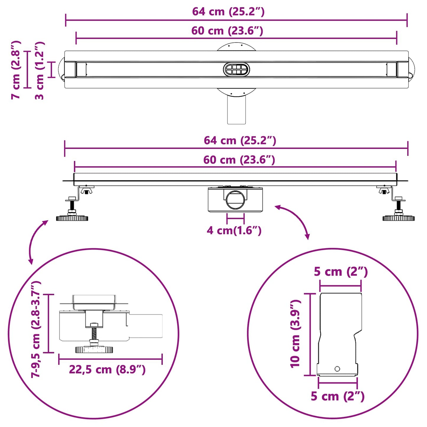 360° Duschablauf mit slim Modell Silber 60 cm Edelstahl 304