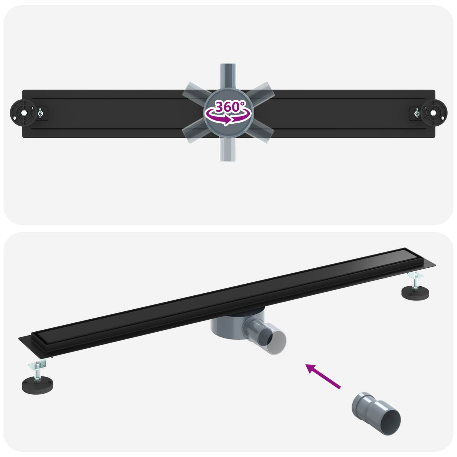 Duschablauf 2-in-1 mit 360° Siphon Schwarz 90 cm Edelstahl 304