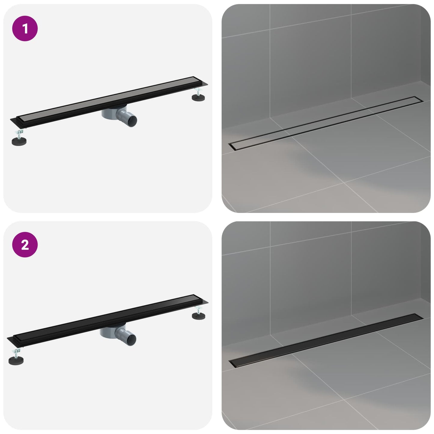 Duschablauf 2-in-1 mit 360° Siphon Schwarz 90 cm Edelstahl 304