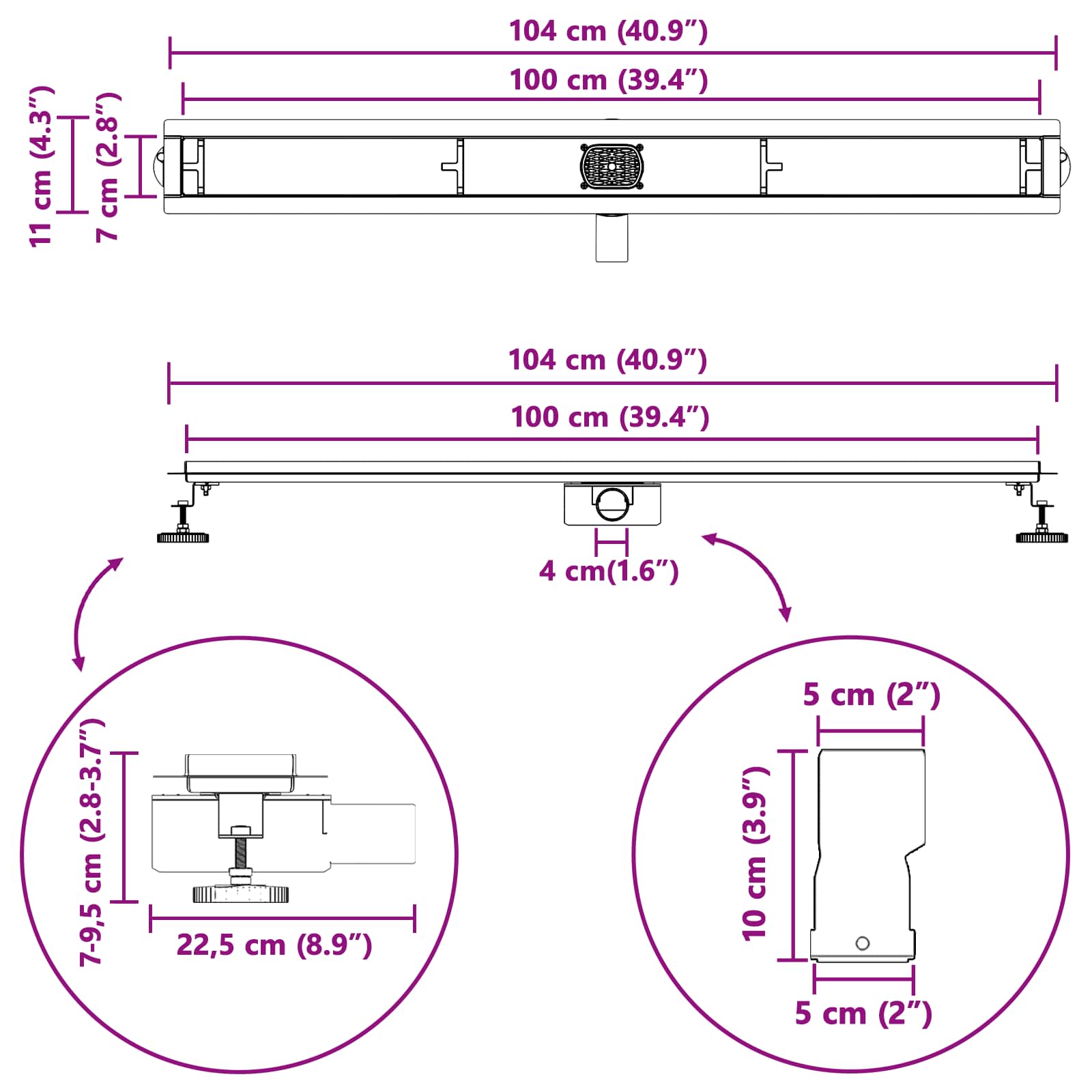 Duschabfluss mit Glashülle und 360° Siphon Schwarz 100 cm