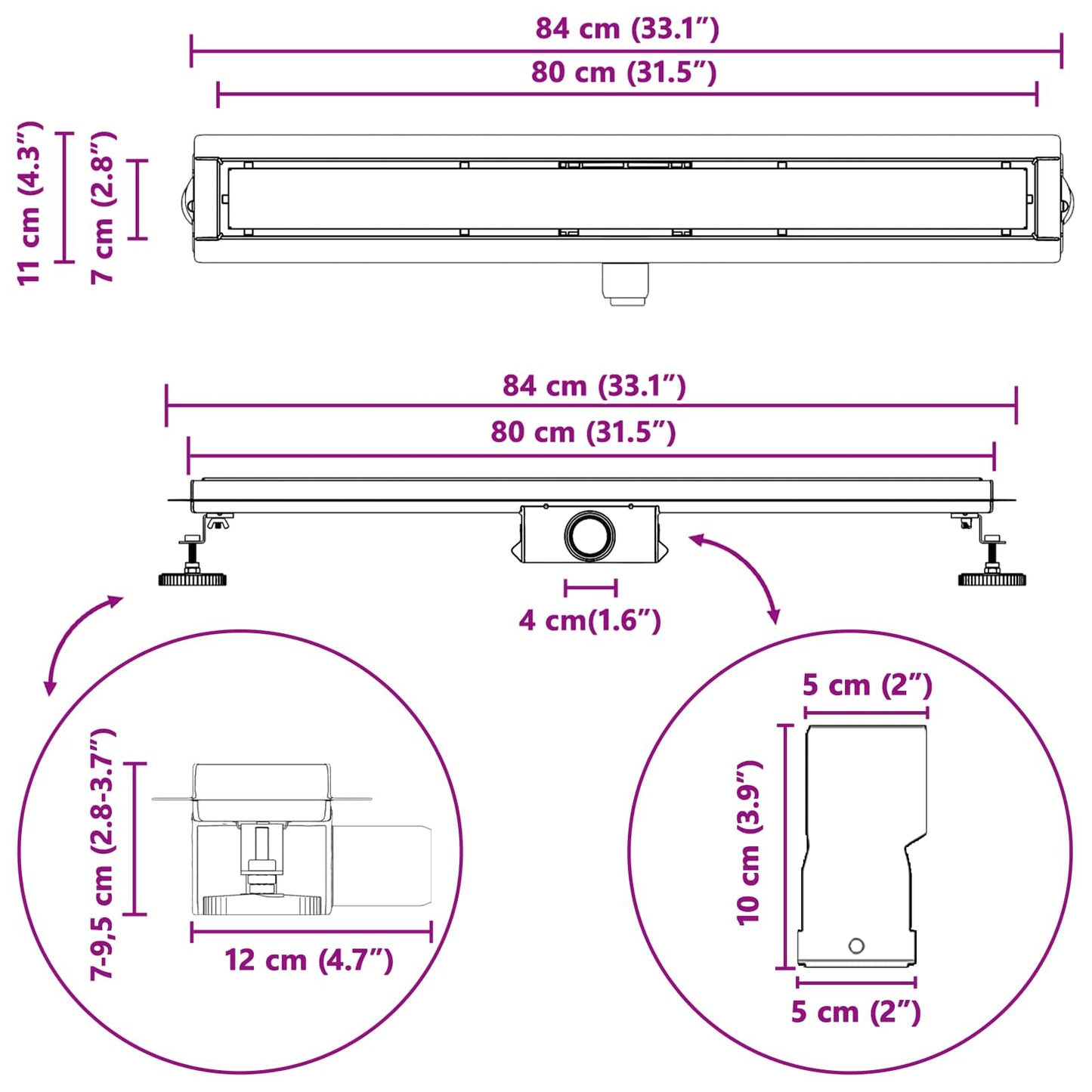 2 in 1 Duschabfluss Silber 80 cm Edelstahl 304