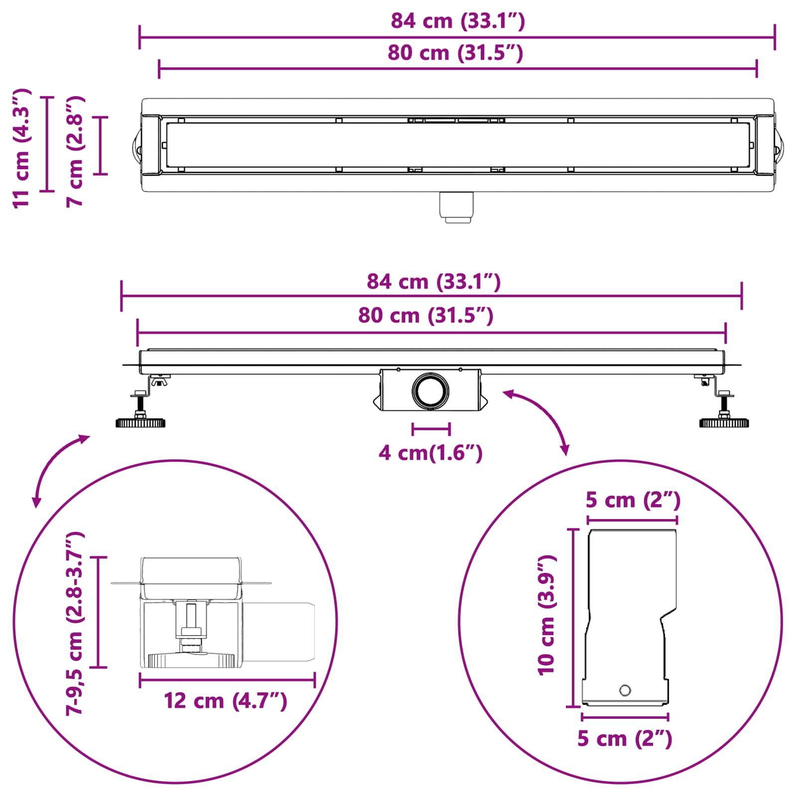 2 in 1 Duschabfluss Silber 80 cm Edelstahl 304