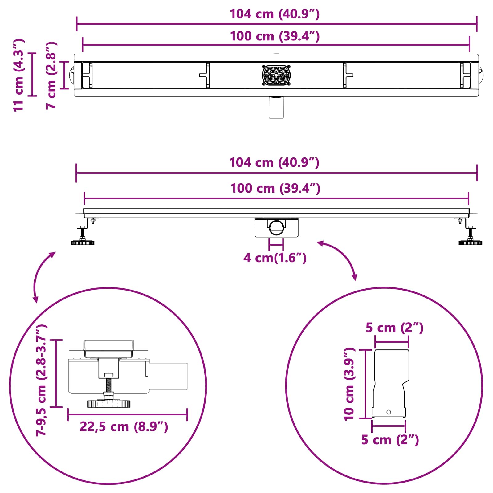 Duschablauf 2-in-1 mit 360° Siphon Silber 100 cm Edelstahl 304