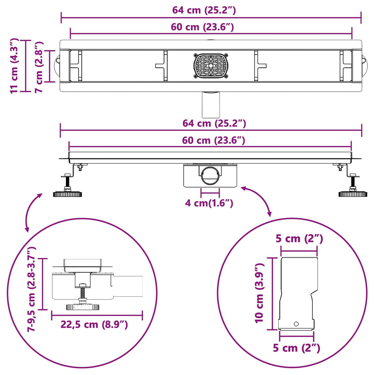 Duschabfluss mit Glashülle und 360° Siphon Schwarz 60 cm