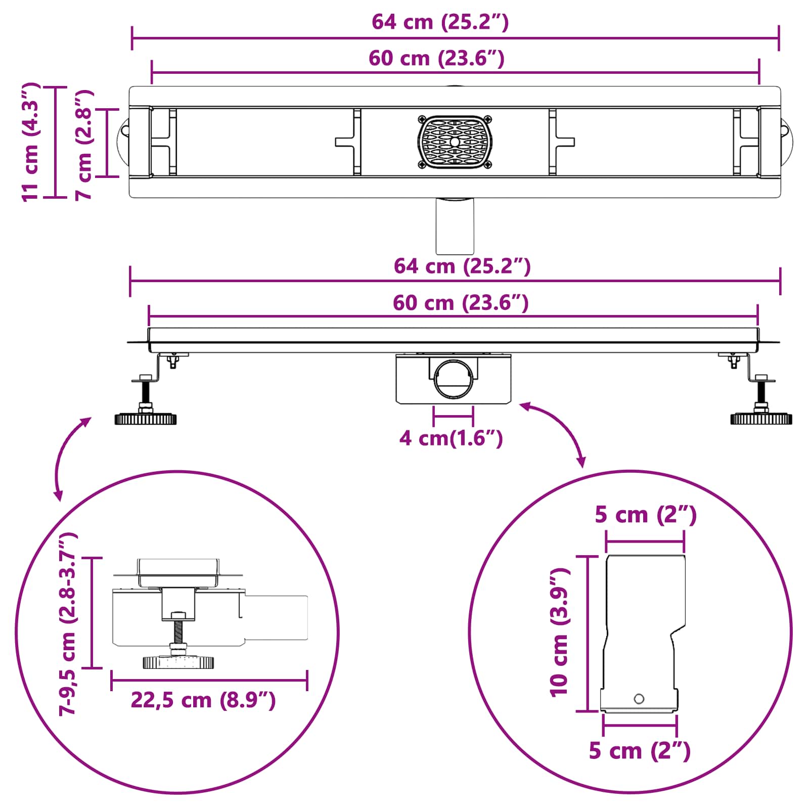 Duschabfluss mit Glashülle und 360° Siphon Schwarz 60 cm