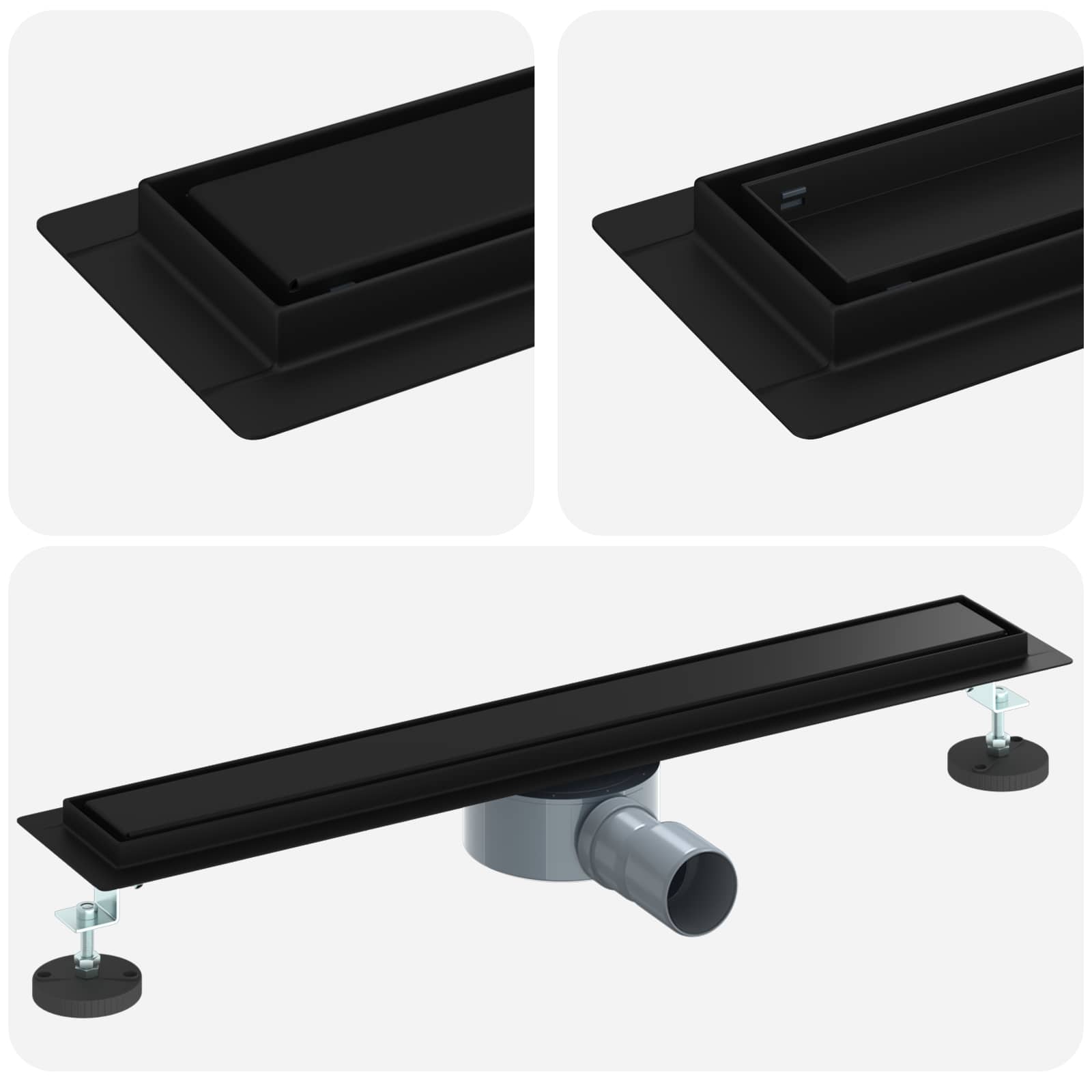 Duschablauf 2-in-1 mit 360° Siphon Schwarz 60 cm Edelstahl 304