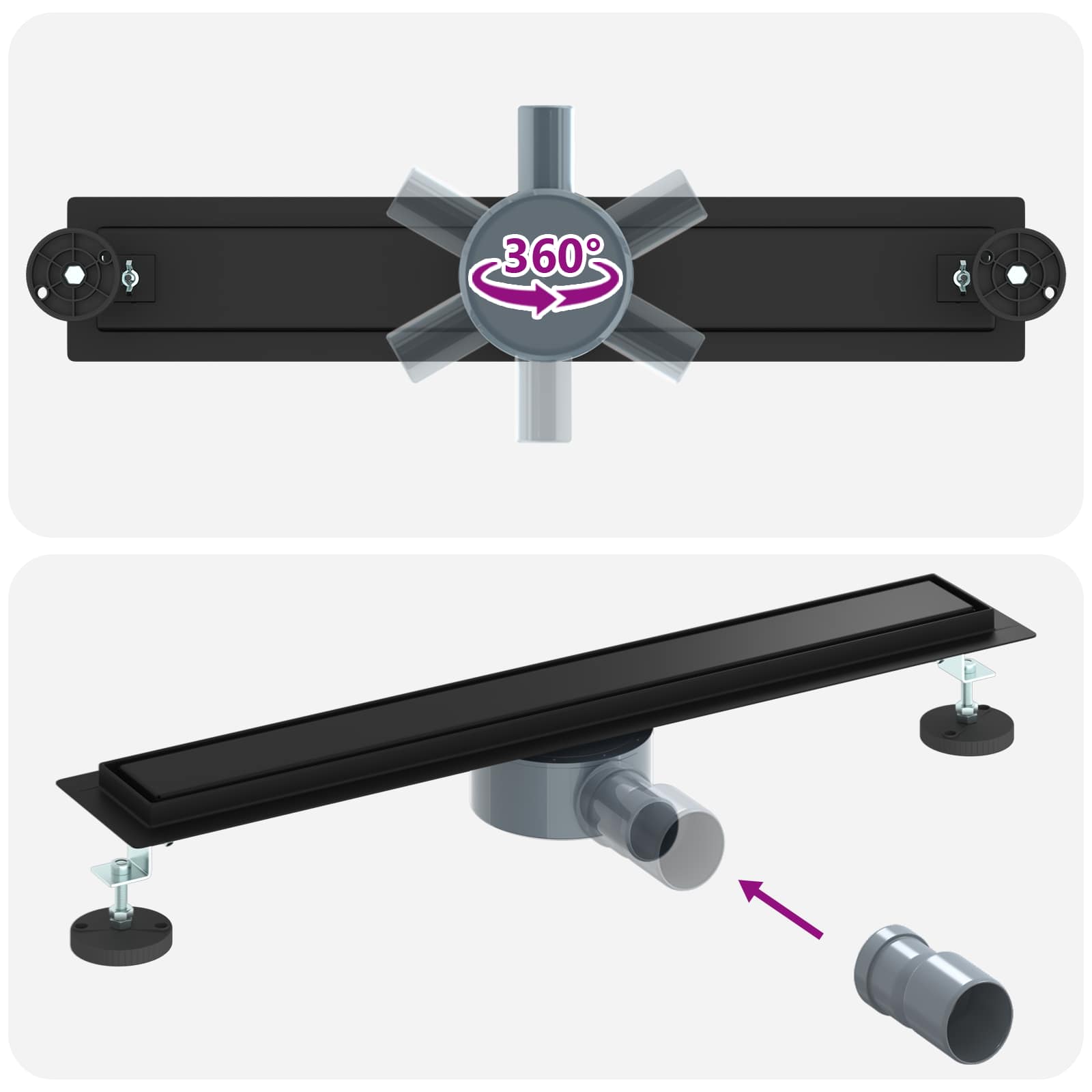 Duschablauf 2-in-1 mit 360° Siphon Schwarz 60 cm Edelstahl 304