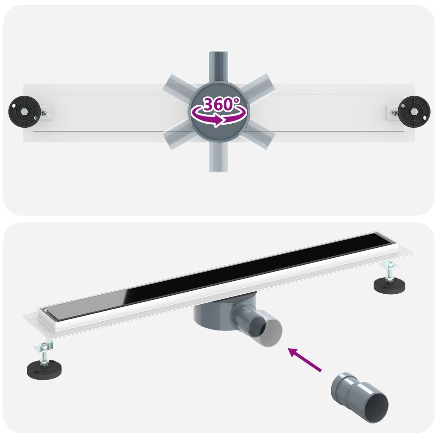 Duschabfluss mit Glashülle und 360° Siphon Schwarz 70 cm