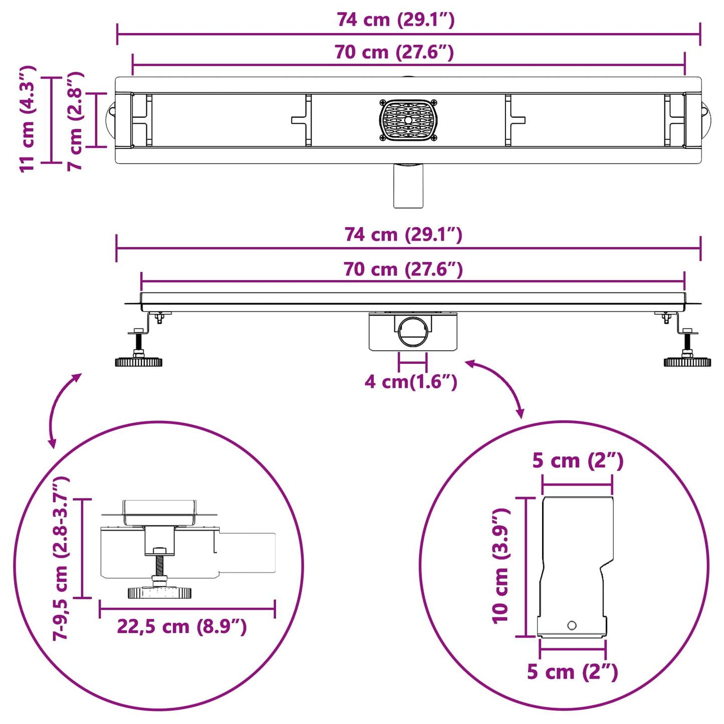 Duschabfluss mit Glashülle und 360° Siphon Schwarz 70 cm