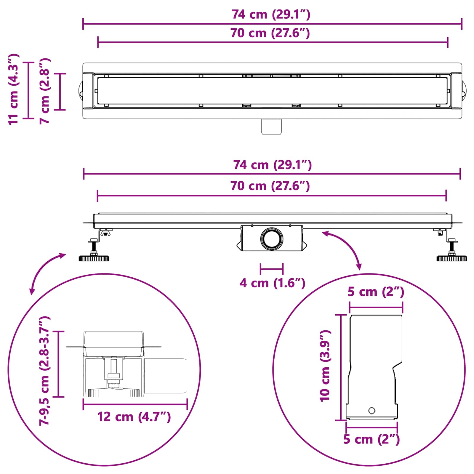 Duschabfluss mit Glasabdeckung Schwarz 70 cm Edelstahl 304