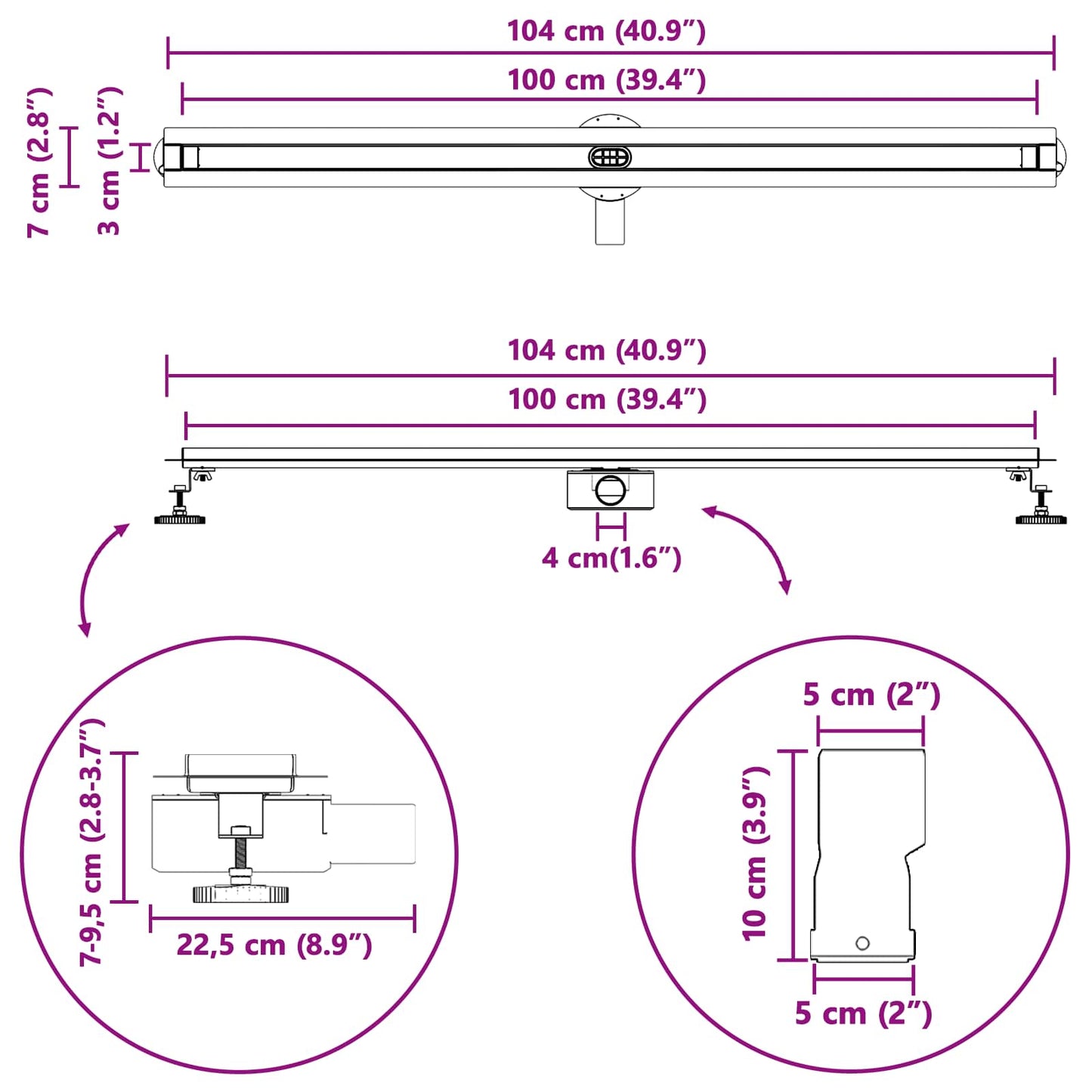 360° Duschablauf mit slim Modell Silber 100 cm Edelstahl 304