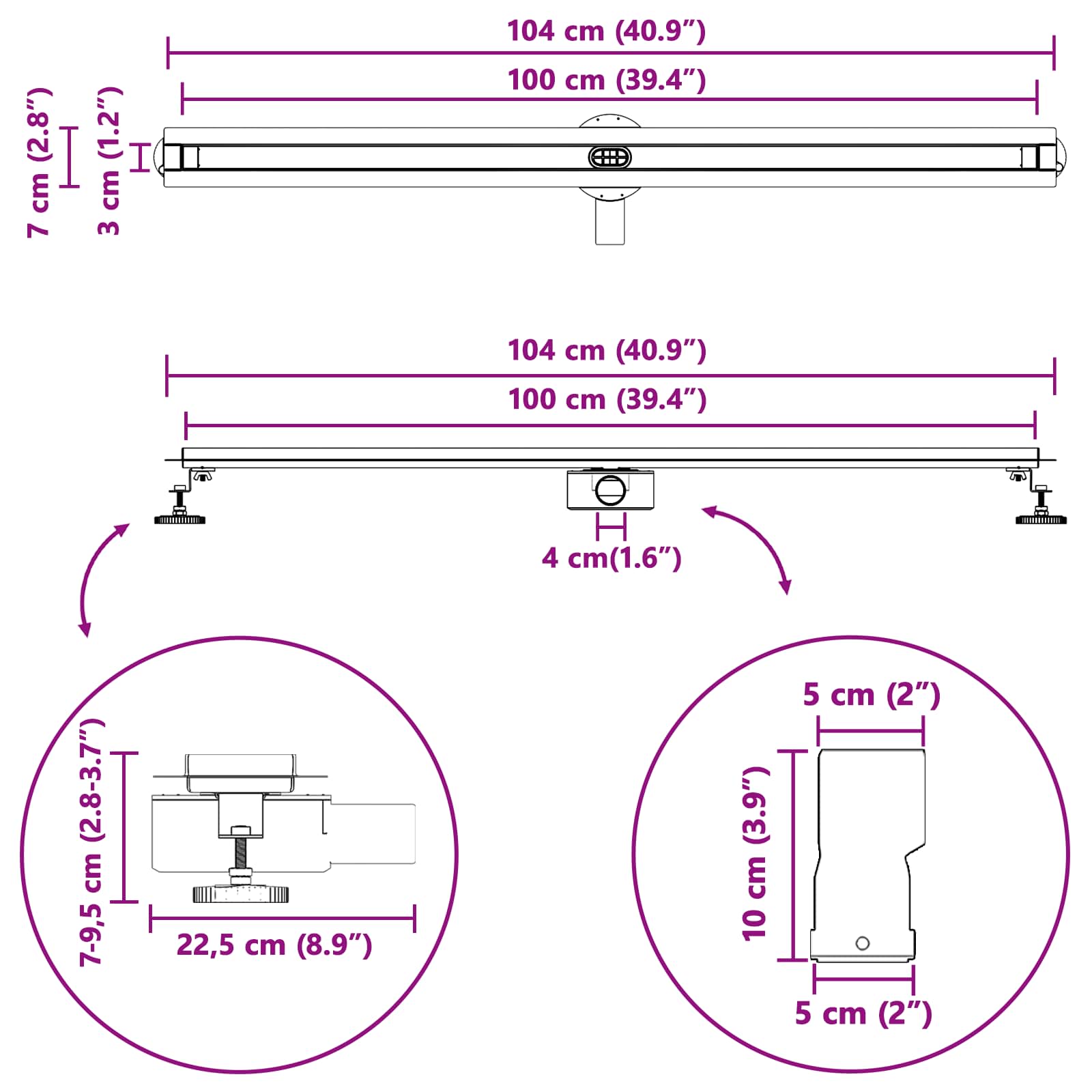 360° Duschablauf mit slim Modell Silber 100 cm Edelstahl 304