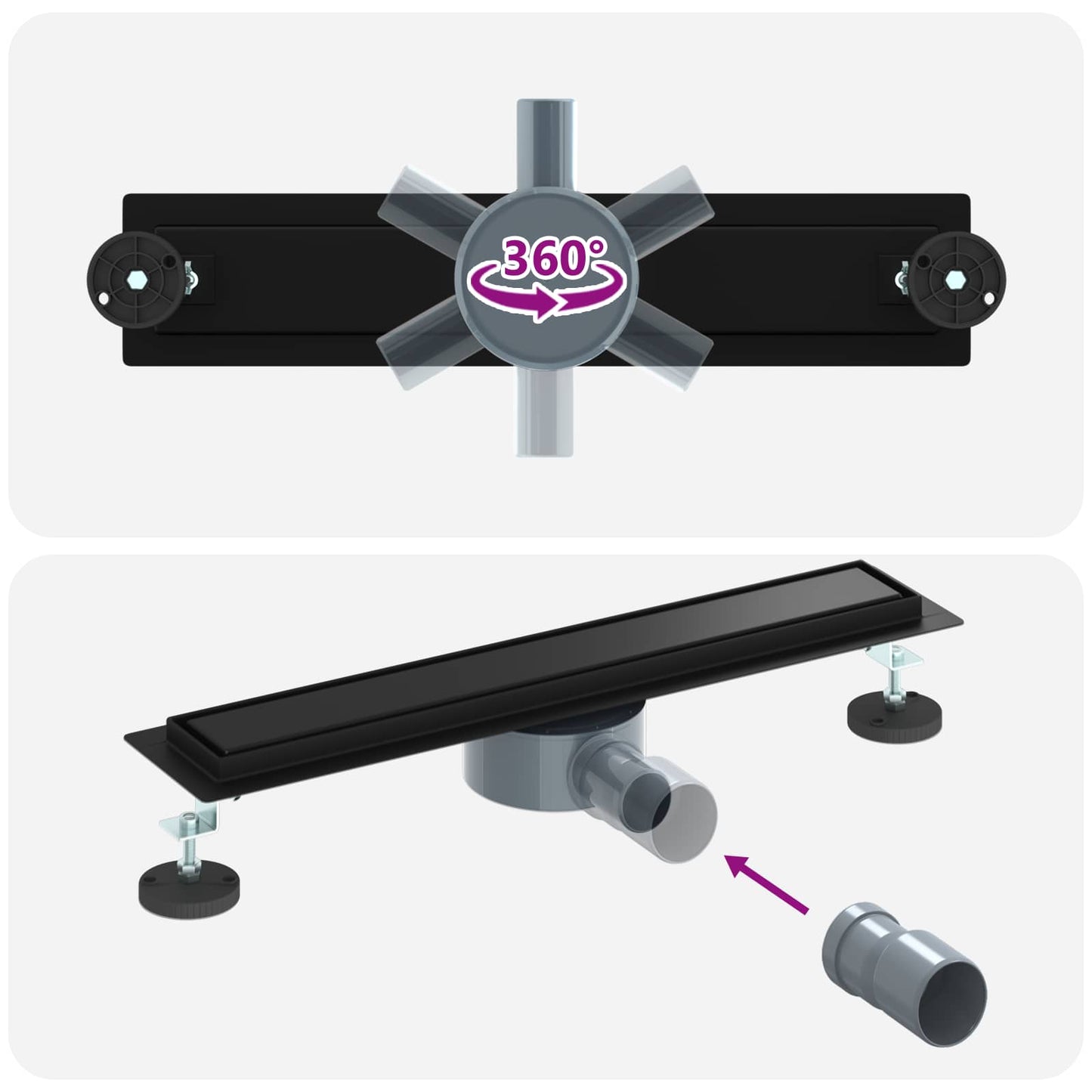 Duschablauf 2-in-1 mit 360° Siphon Schwarz 50 cm Edelstahl 304