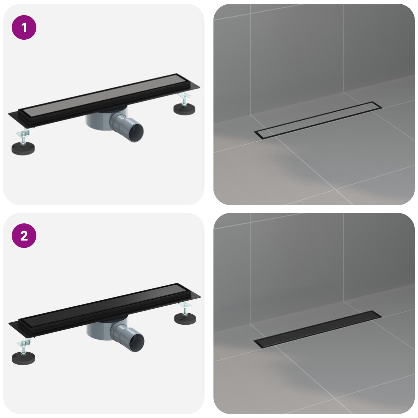 Duschablauf 2-in-1 mit 360° Siphon Schwarz 50 cm Edelstahl 304