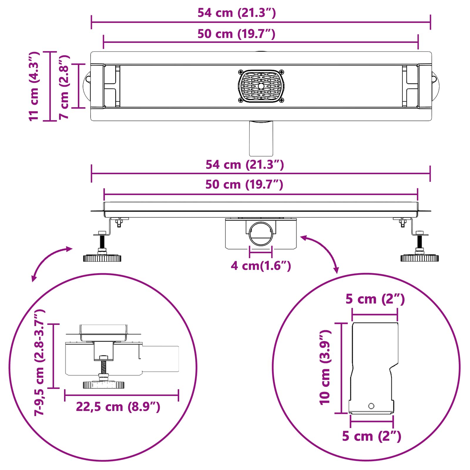 Duschablauf 2-in-1 mit 360° Siphon Schwarz 50 cm Edelstahl 304