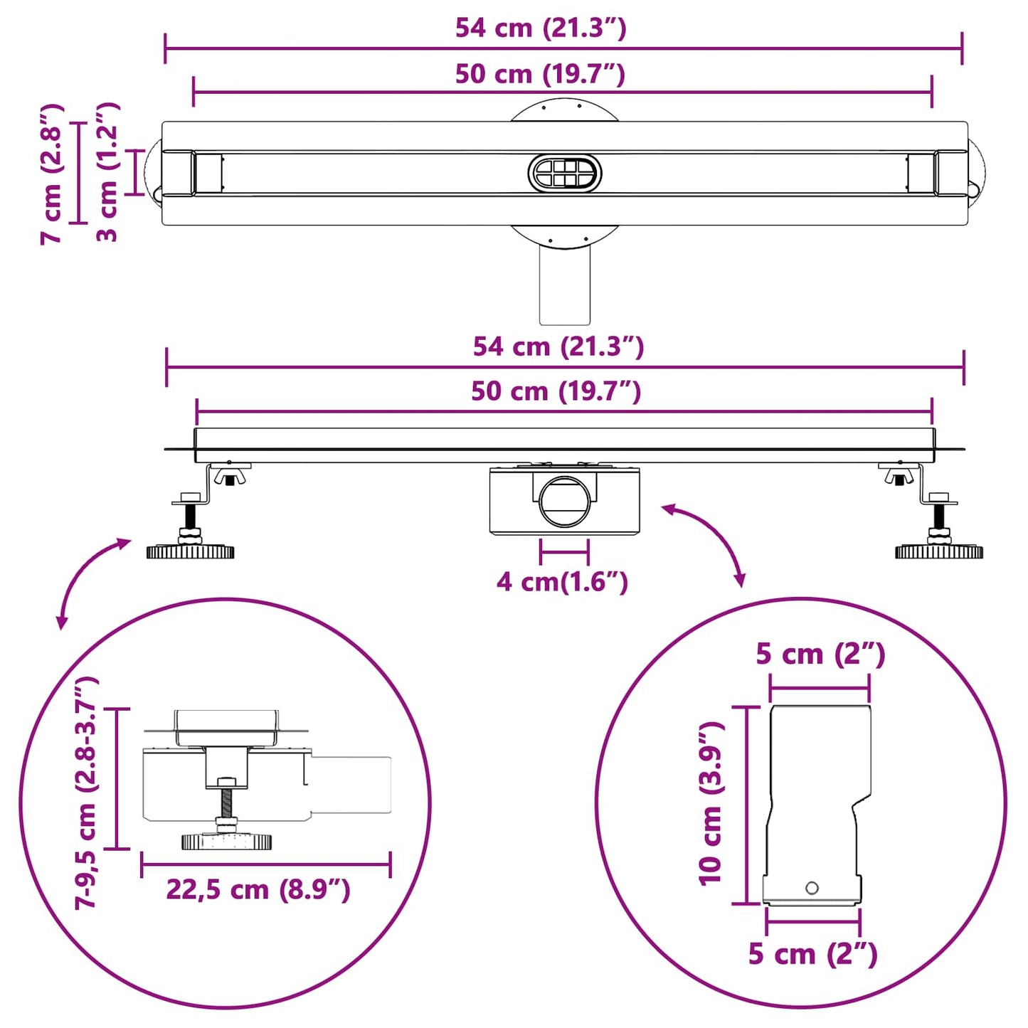 360° Duschablauf mit slim Modell Silber 50 cm Edelstahl 304