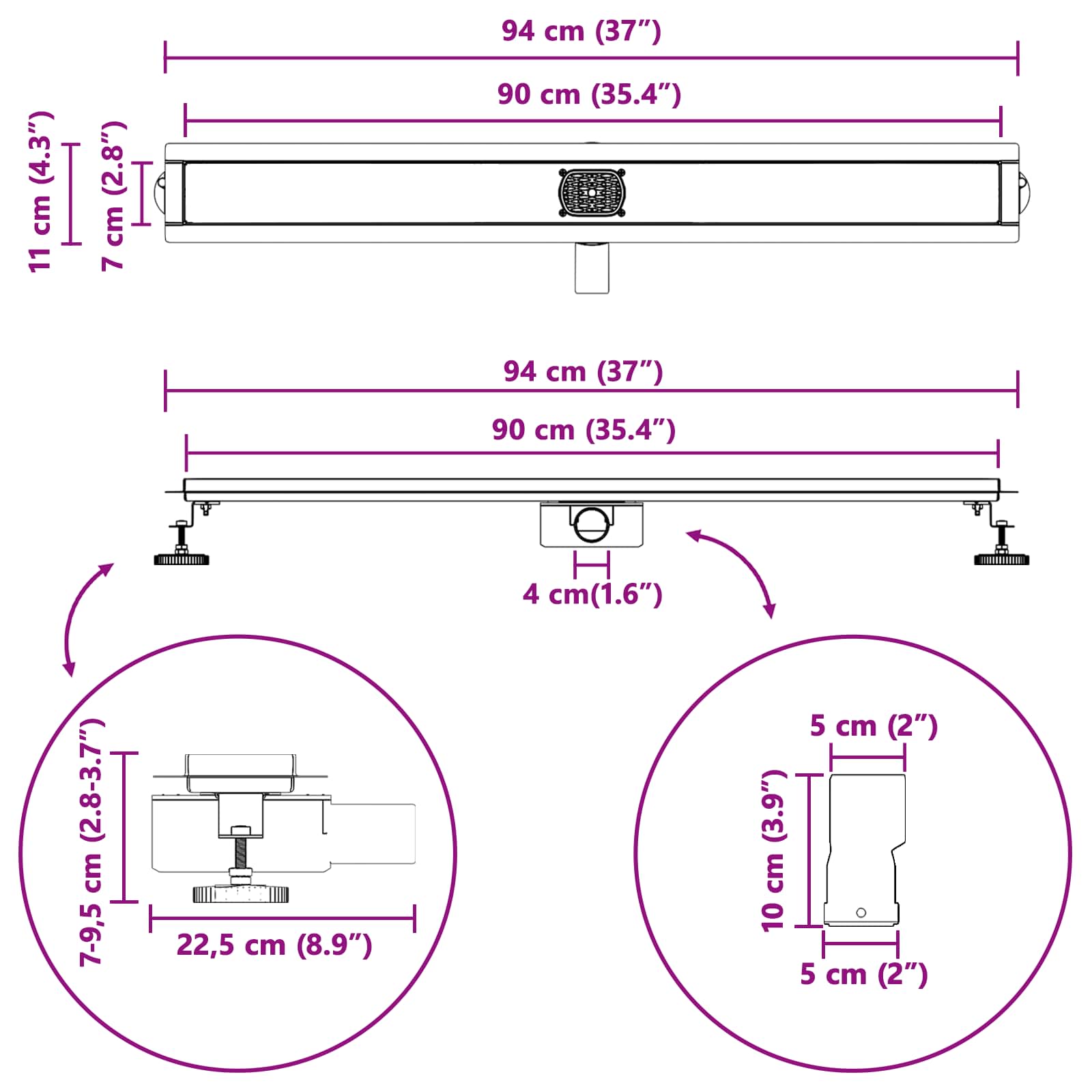 Duschabfluss im Liniendesign mit 360° Siphon Silber 90 cm