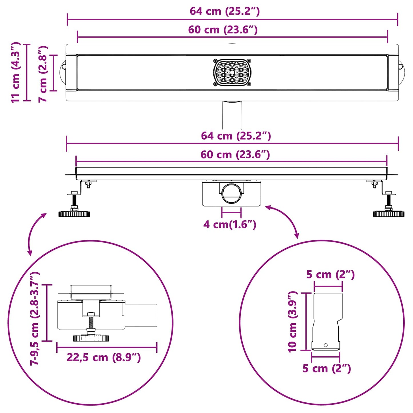 Duschabfluss im Liniendesign mit 360° Siphon Silber 60 cm