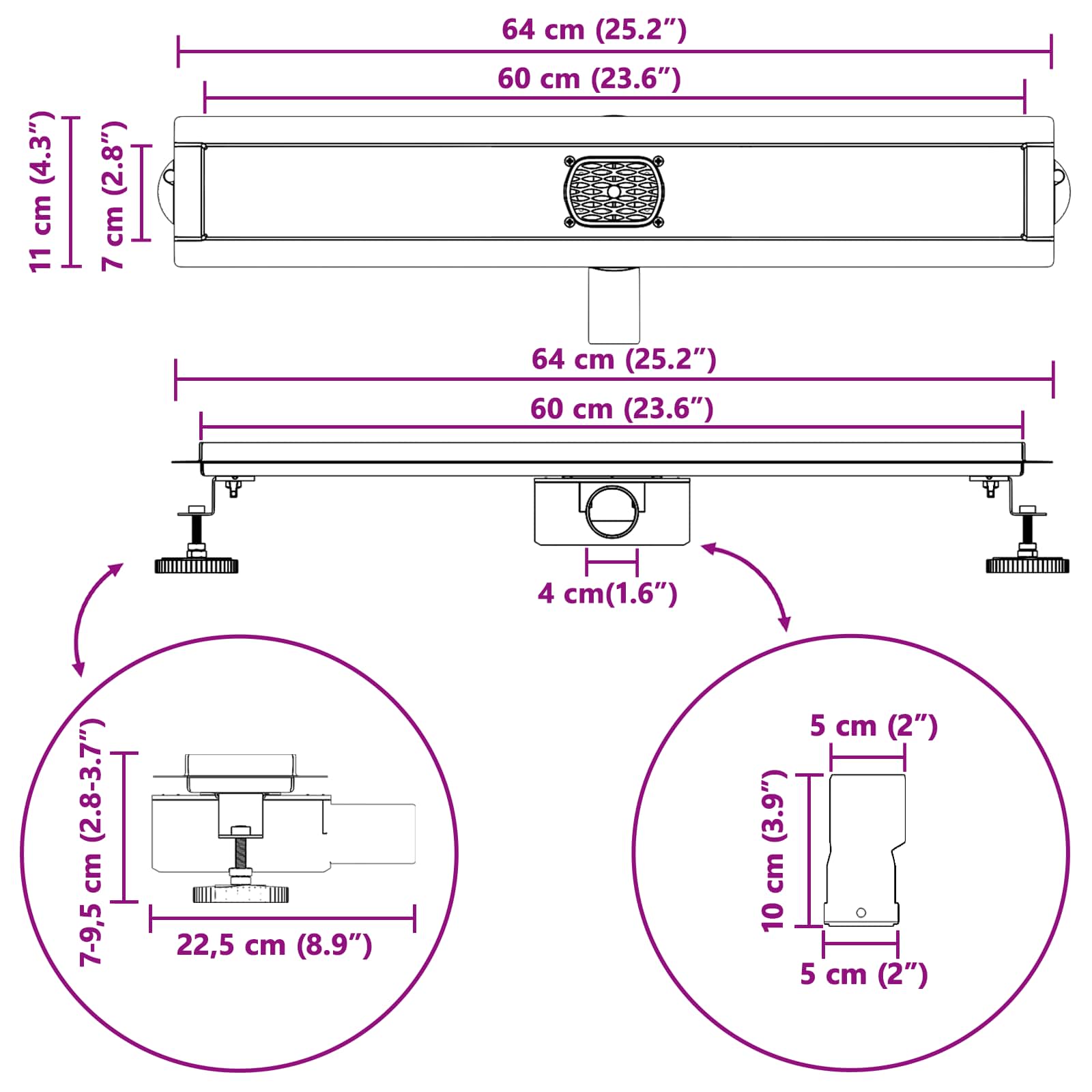 Duschabfluss im Liniendesign mit 360° Siphon Silber 60 cm
