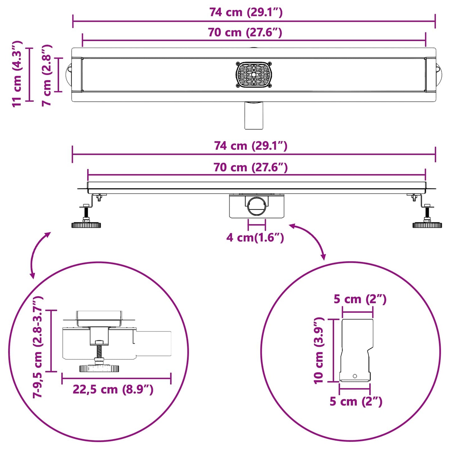 Duschabfluss im Liniendesign mit 360° Siphon Silber 70 cm