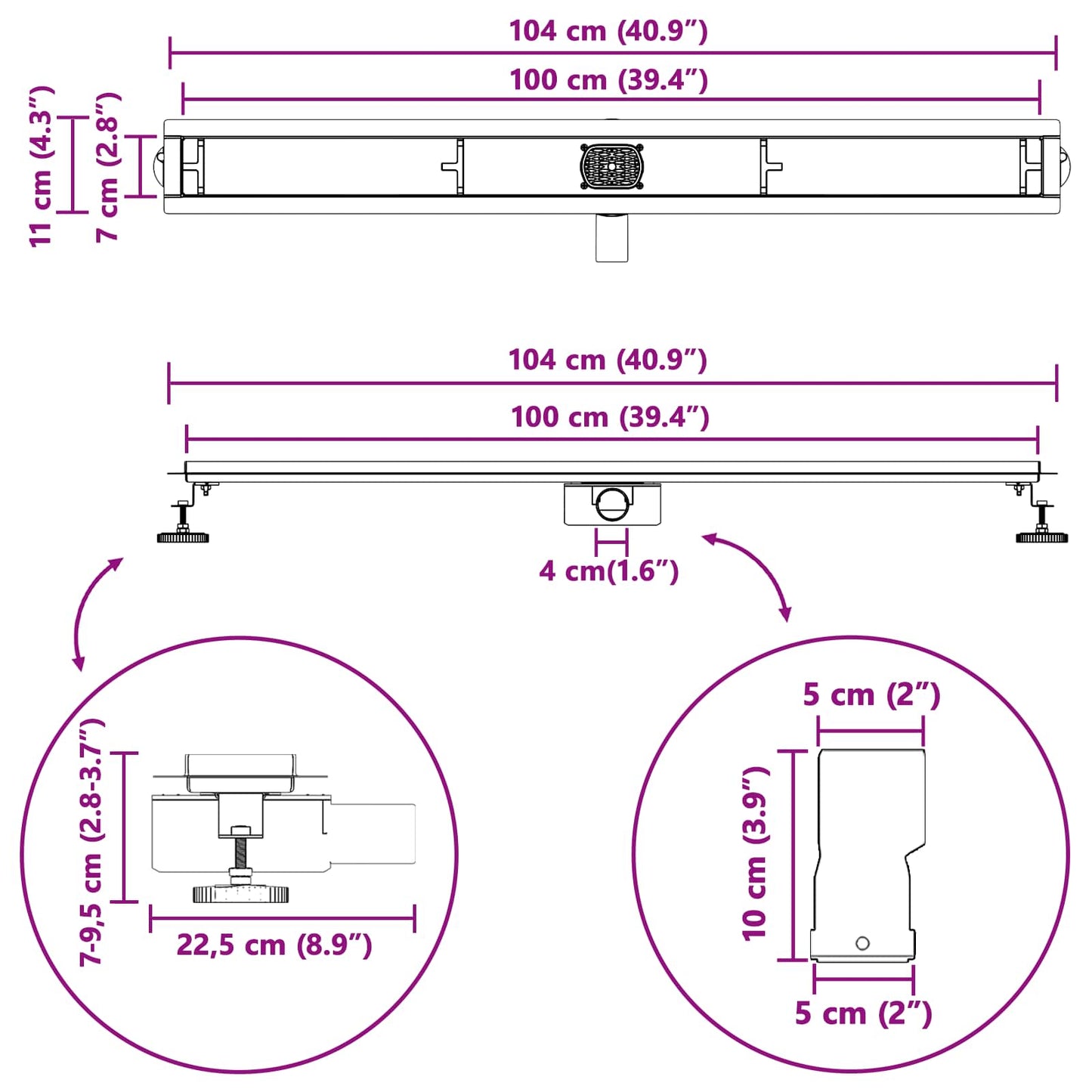 Duschablauf 2-in-1 mit 360° Siphon Schwarz 100 cm Edelstahl 304
