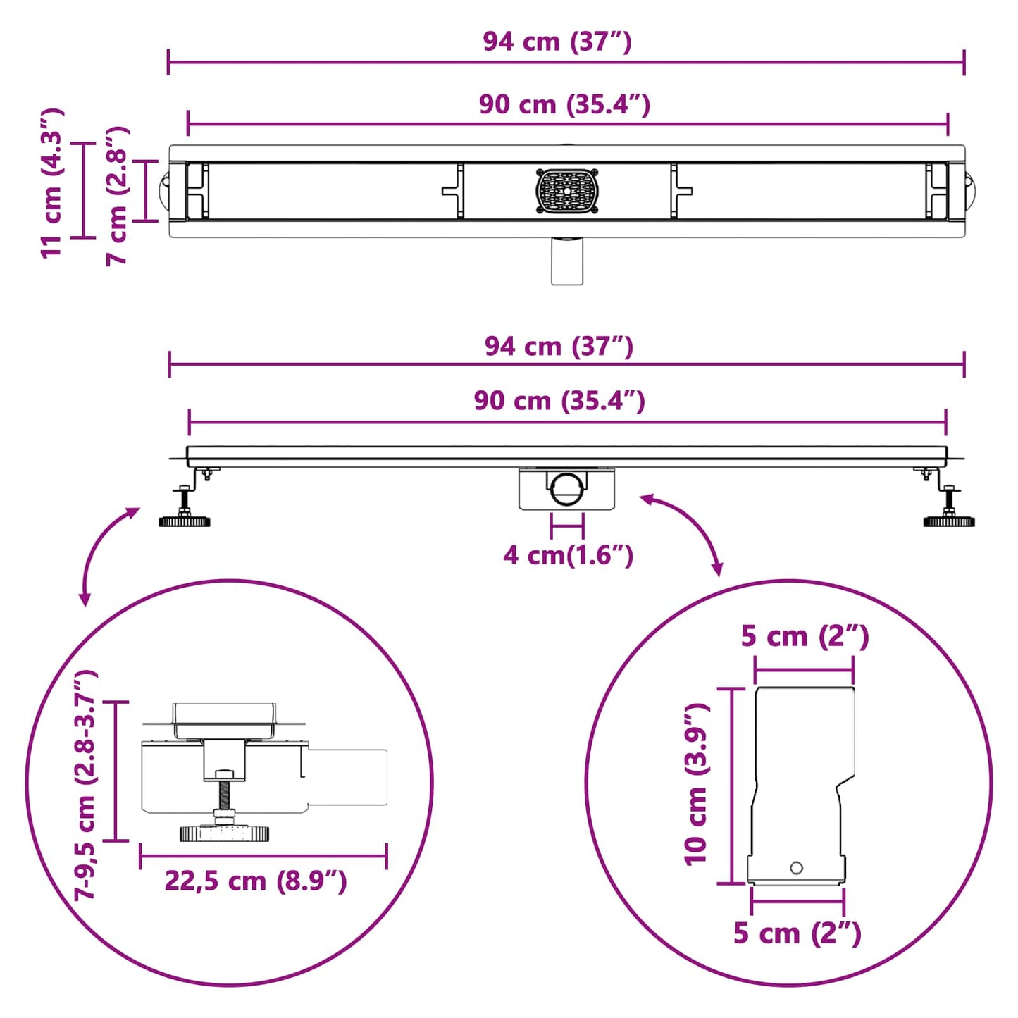 Duschabfluss mit Glashülle und 360° Siphon Schwarz 90 cm
