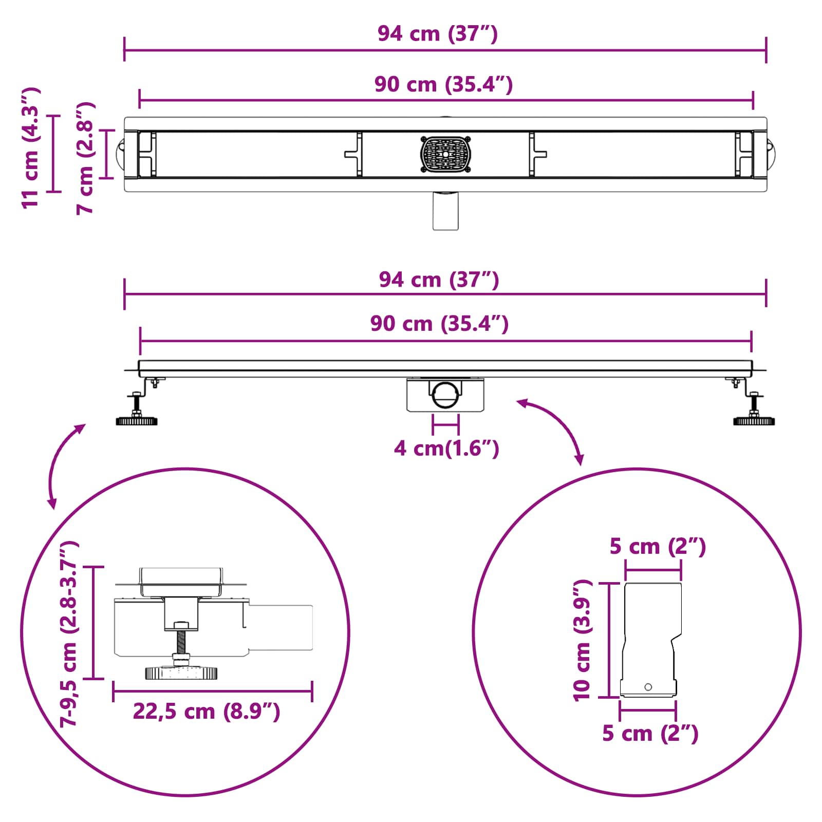 Duschablauf 2-in-1 mit 360° Siphon Silber 90 cm Edelstahl 304