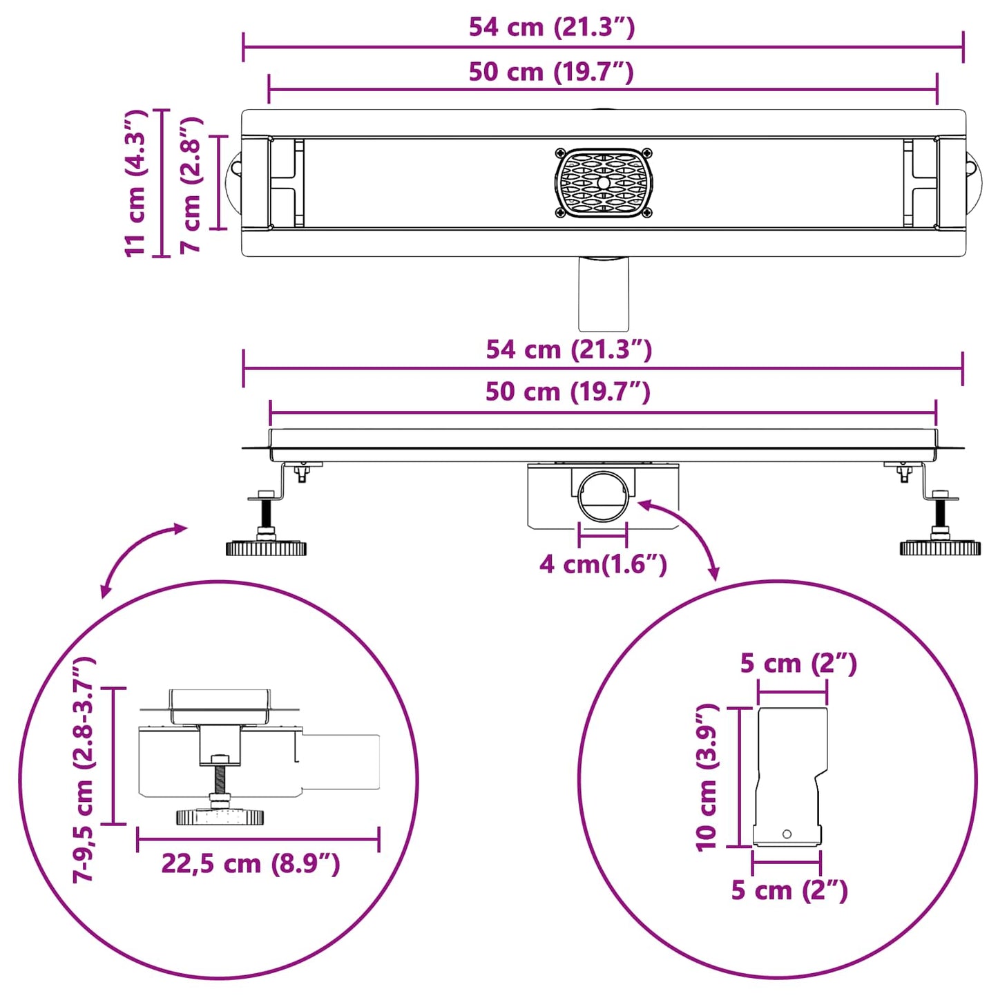 Duschablauf 2-in-1 mit 360° Siphon Silber 54 x 11 x 9,5 cm