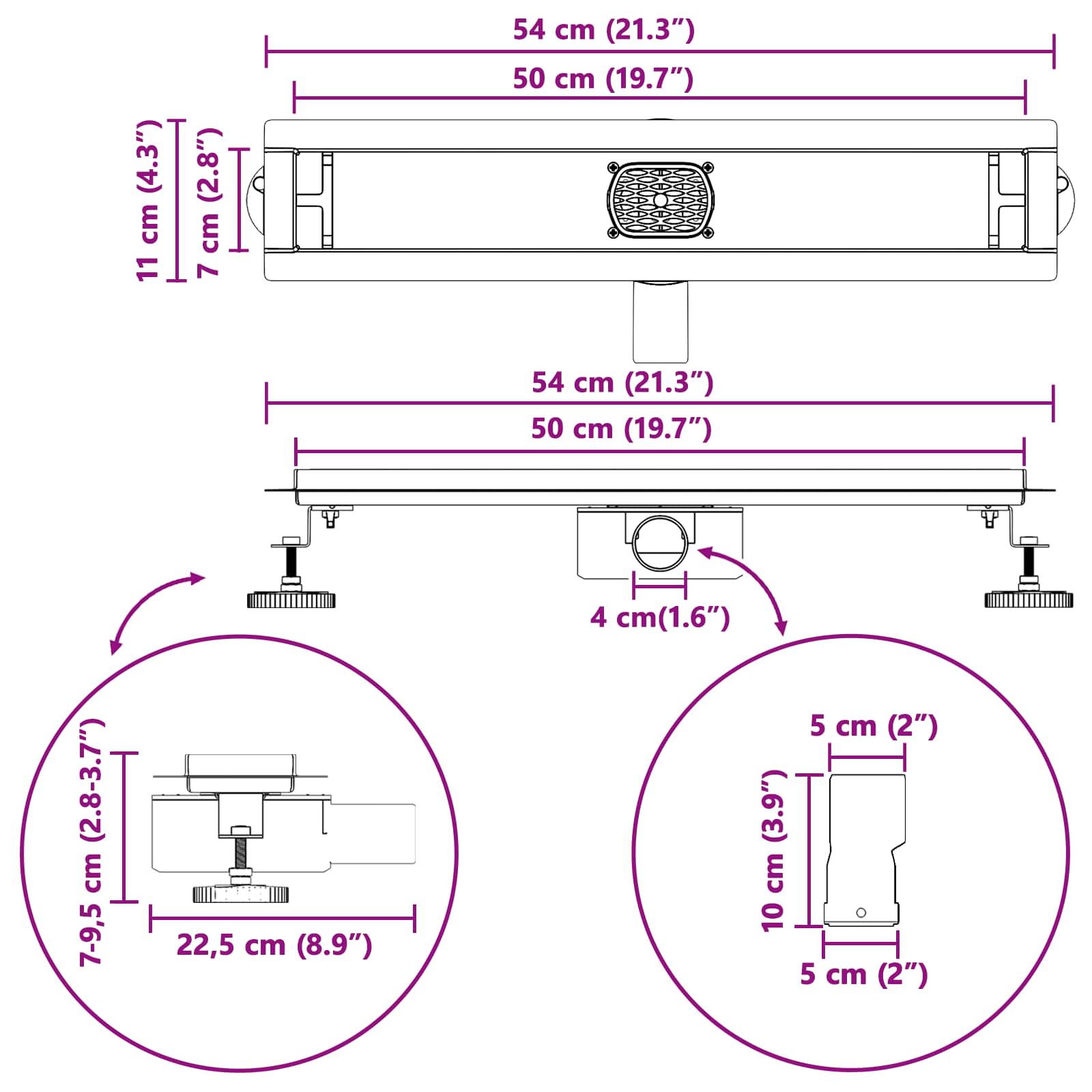 Duschablauf 2-in-1 mit 360° Siphon Silber 54 x 11 x 9,5 cm