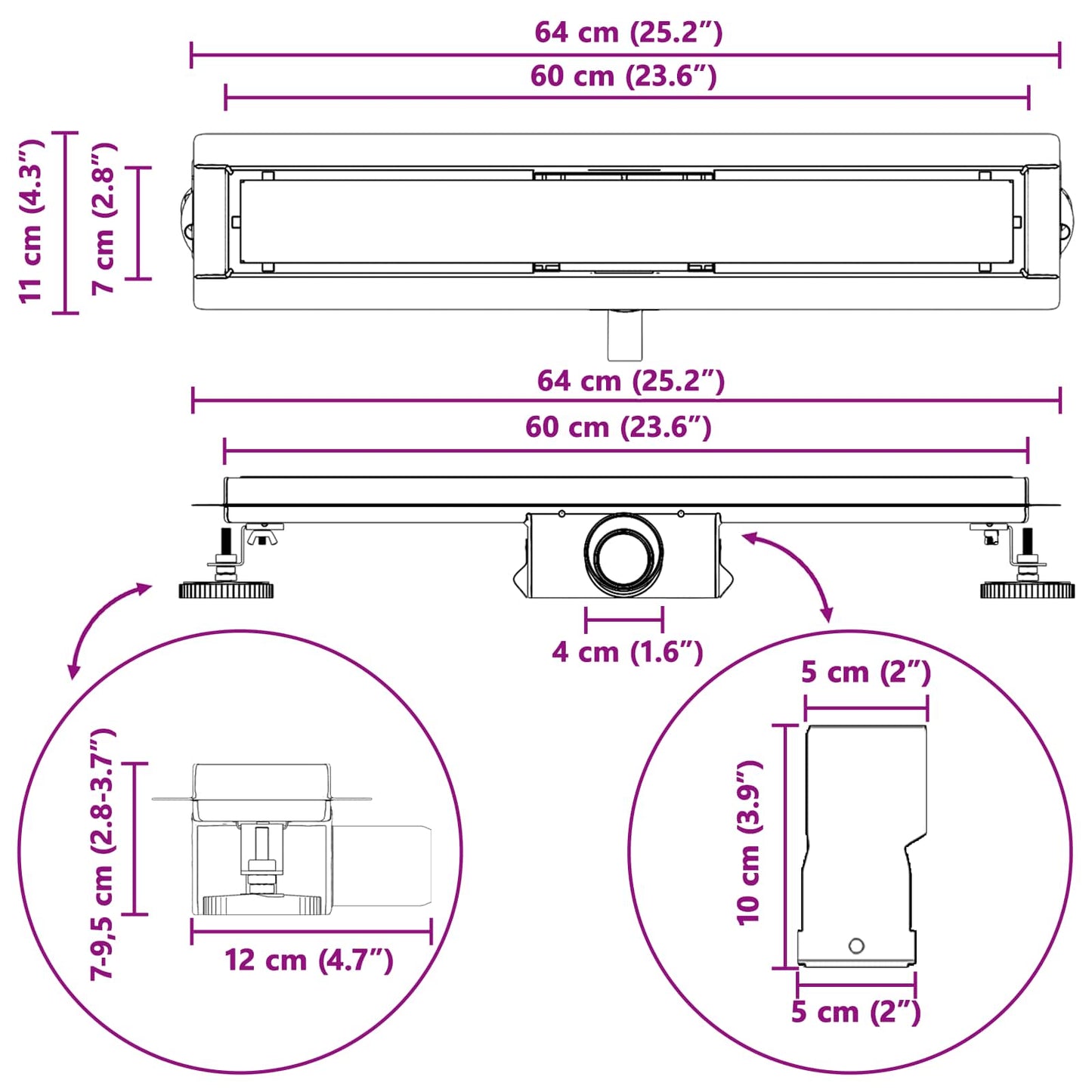 Duschabfluss mit Glasabdeckung Schwarz 60 cm Edelstahl 304