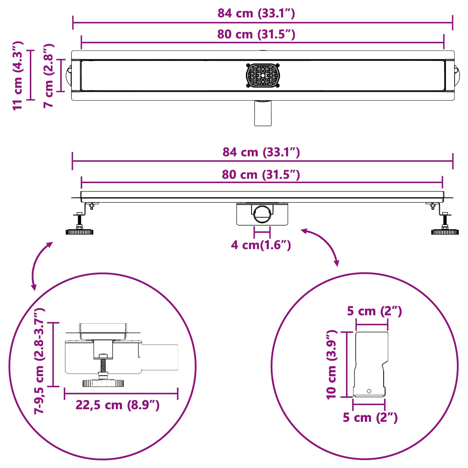 Duschabfluss im Liniendesign mit 360° Siphon Silber 80 cm