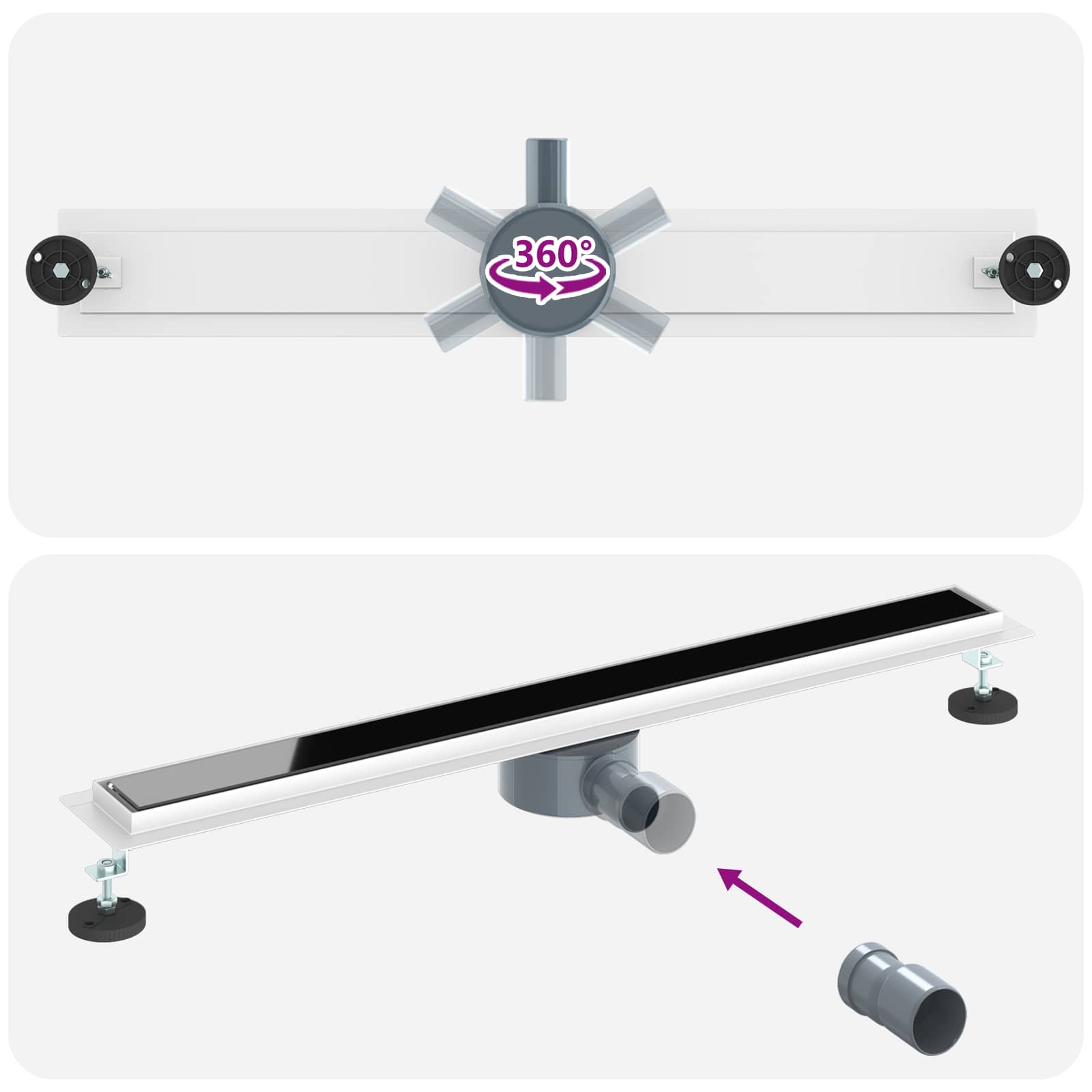 Duschabfluss mit Glashülle und 360° Siphon Schwarz 80 cm
