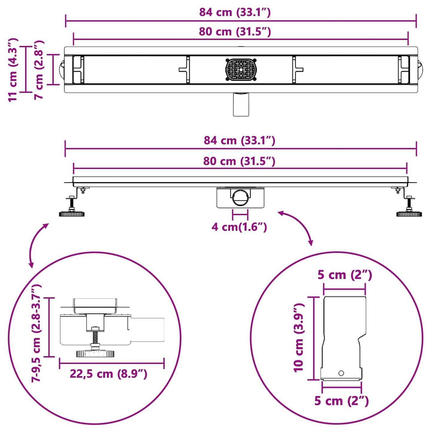Duschabfluss mit Glashülle und 360° Siphon Schwarz 80 cm