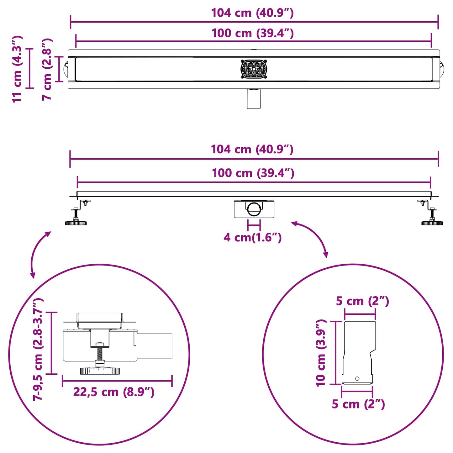 Duschabfluss im Liniendesign mit 360° Siphon Silber 100 cm