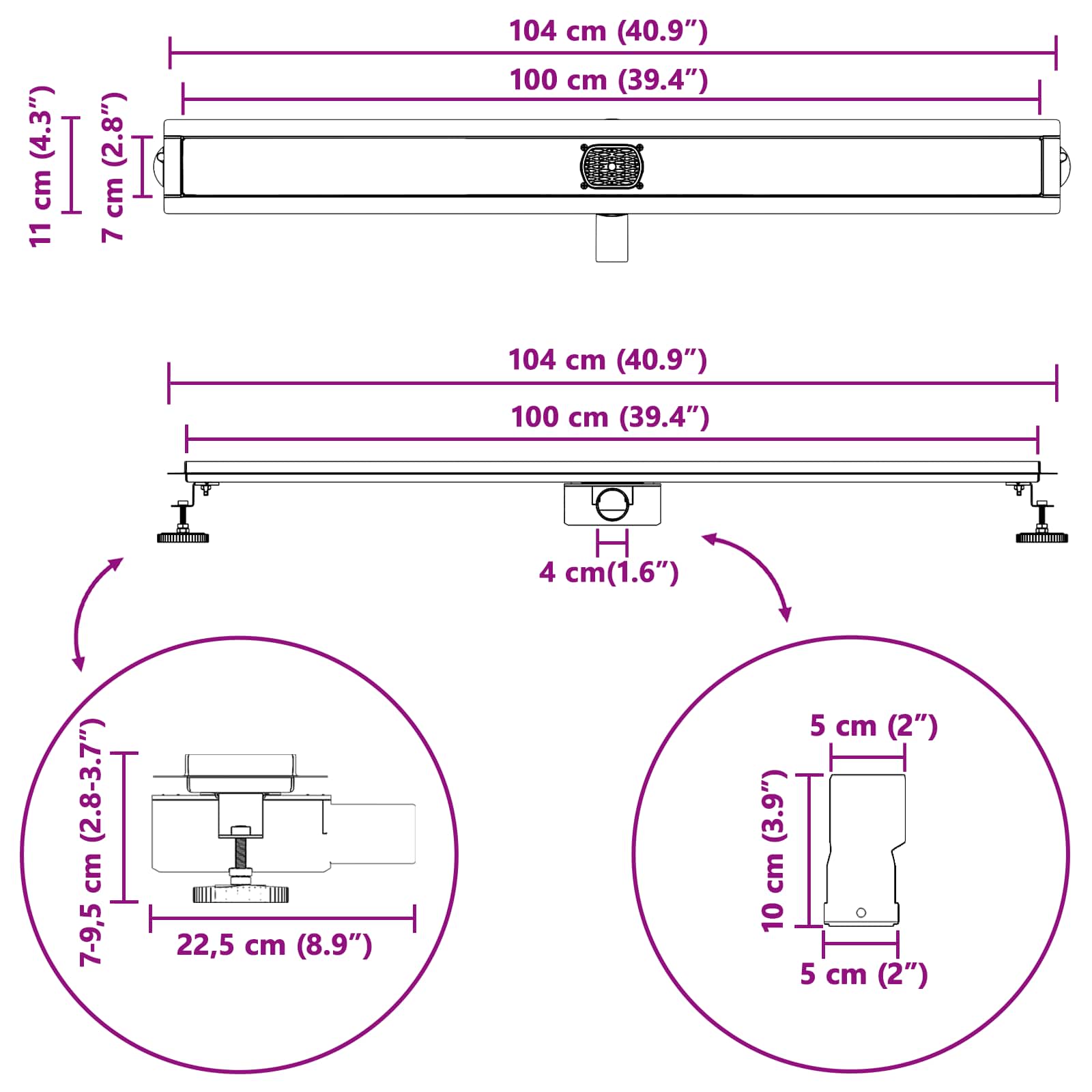 Duschabfluss im Liniendesign mit 360° Siphon Silber 100 cm