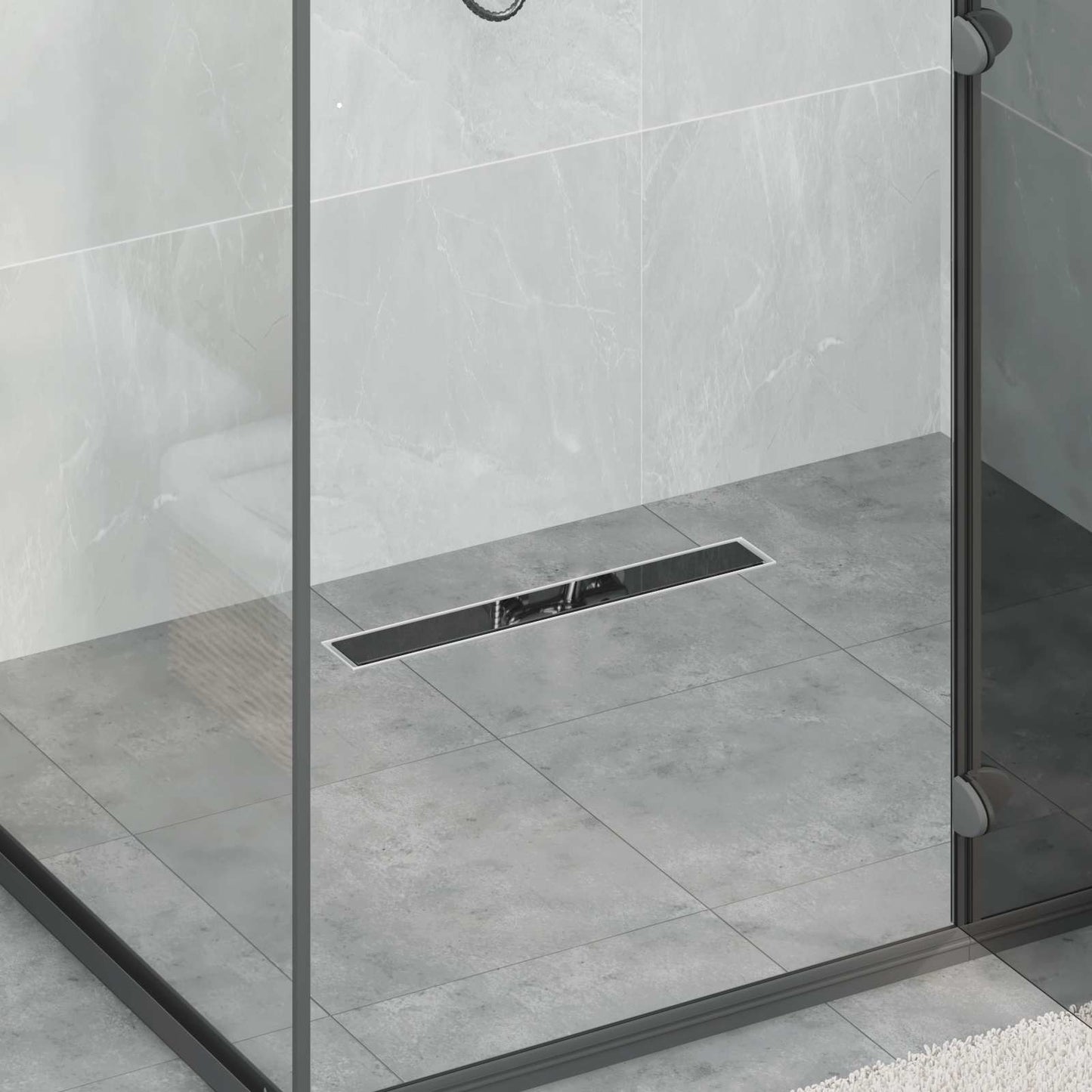 Duschabfluss mit Glashülle und 360° Siphon Schwarz 50 cm