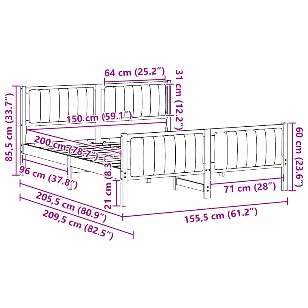 Bettgestell Braun und Schwarz 150 x 200 cm Massivholz Kiefer