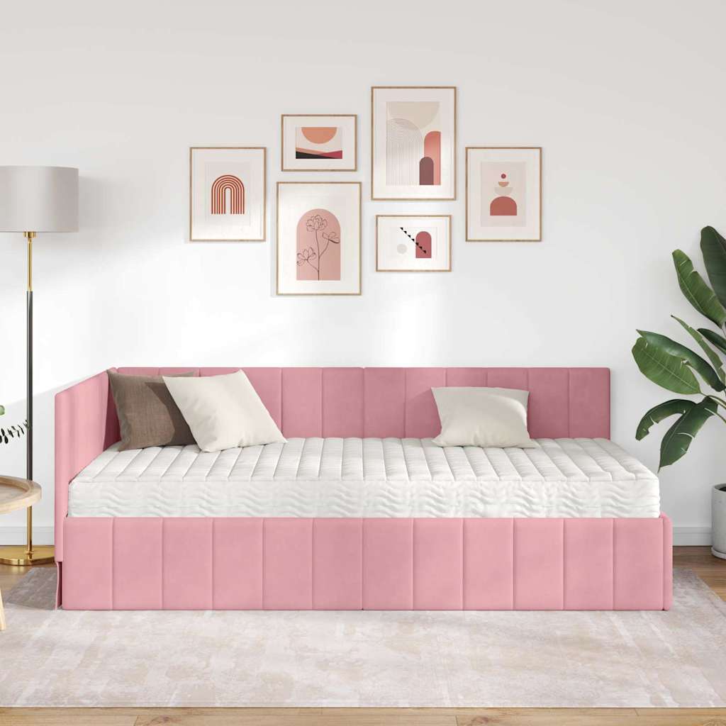Eckbettgestell mit Matratze mit Kopfteil Rosa 90 x 190 cm Samt