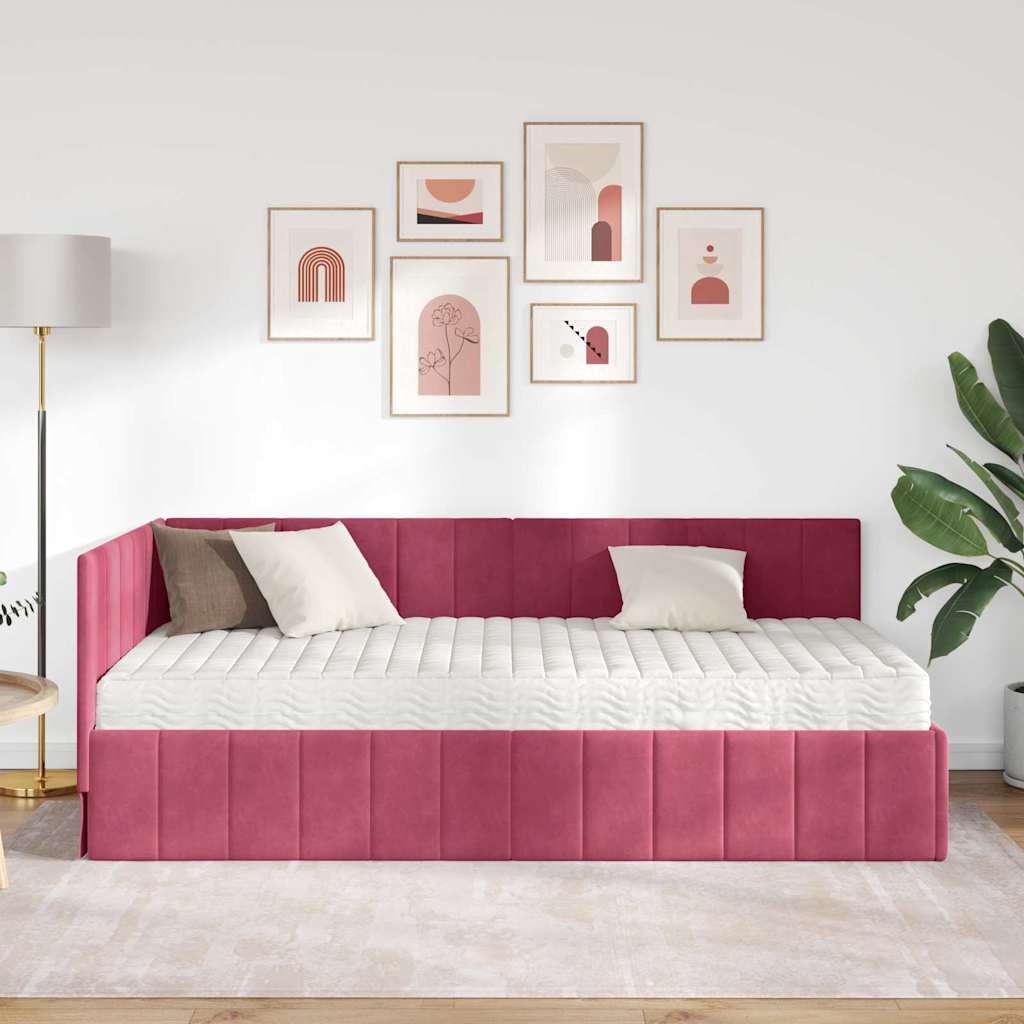 Eckbettgestell mit Matratze Weinrot 90 x 200 cm Samt
